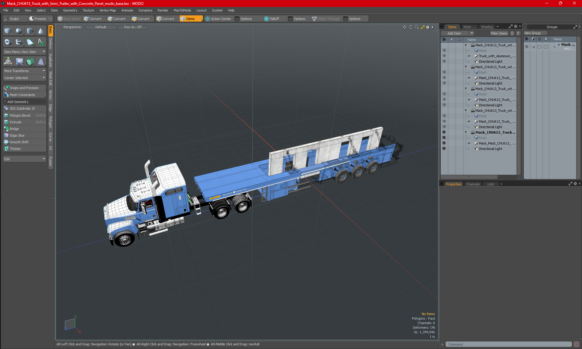 3D model Mack CHU613 Truck with Semi Trailer with Concrete Panel