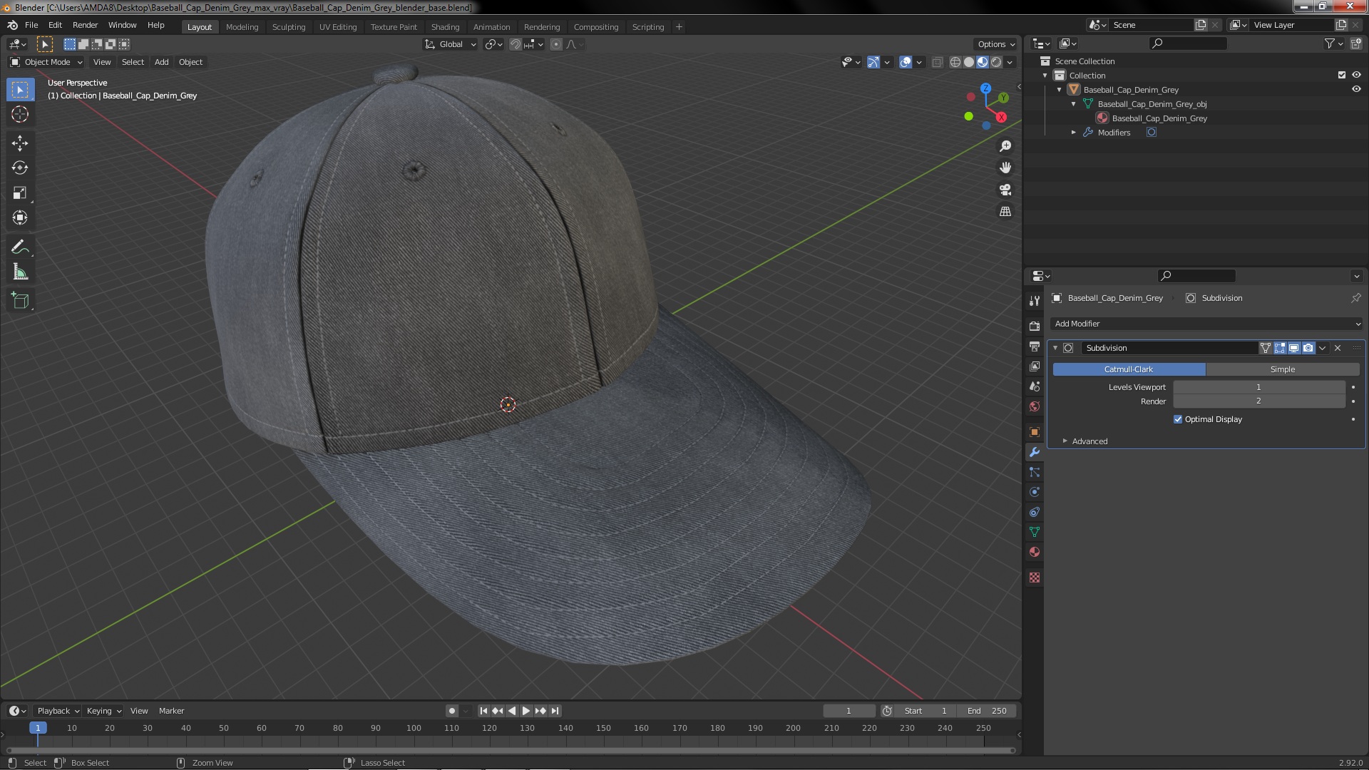 3D Baseball Cap Denim Grey model