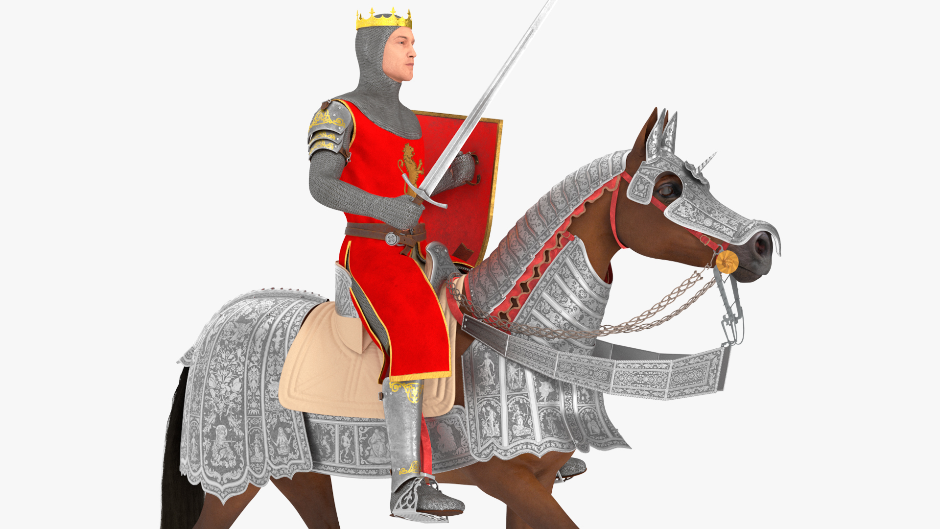 Knight King on Horseback in Armor Fur 3D