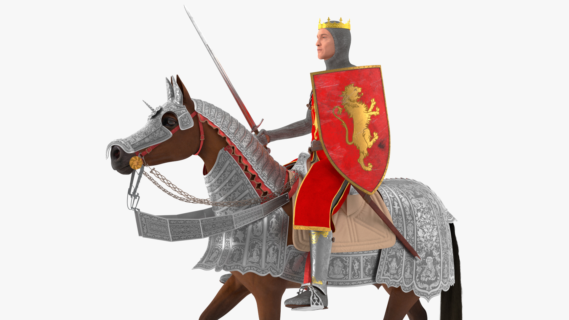 Knight King on Horseback in Armor Fur 3D