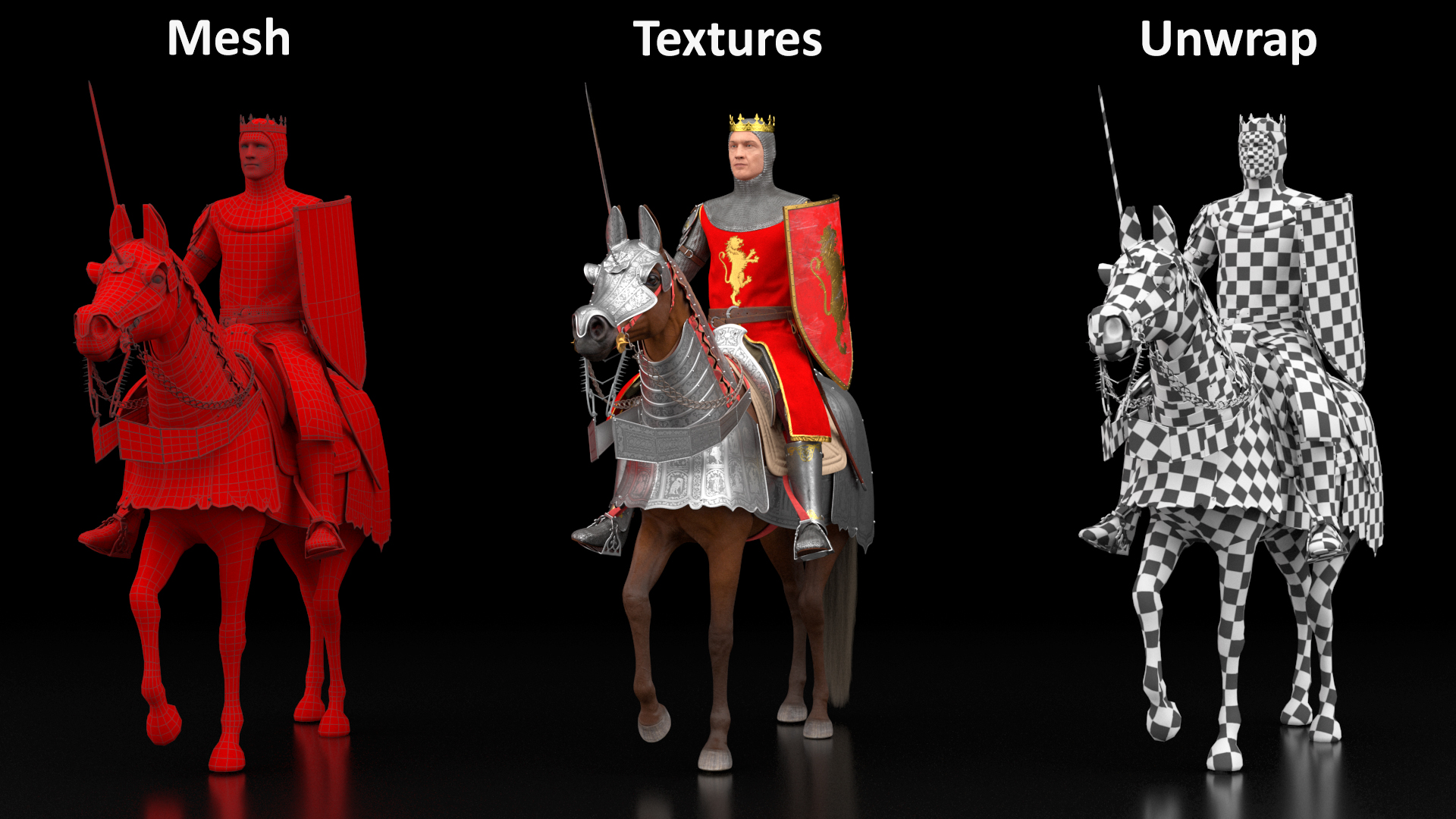 Knight King on Horseback in Armor Fur 3D