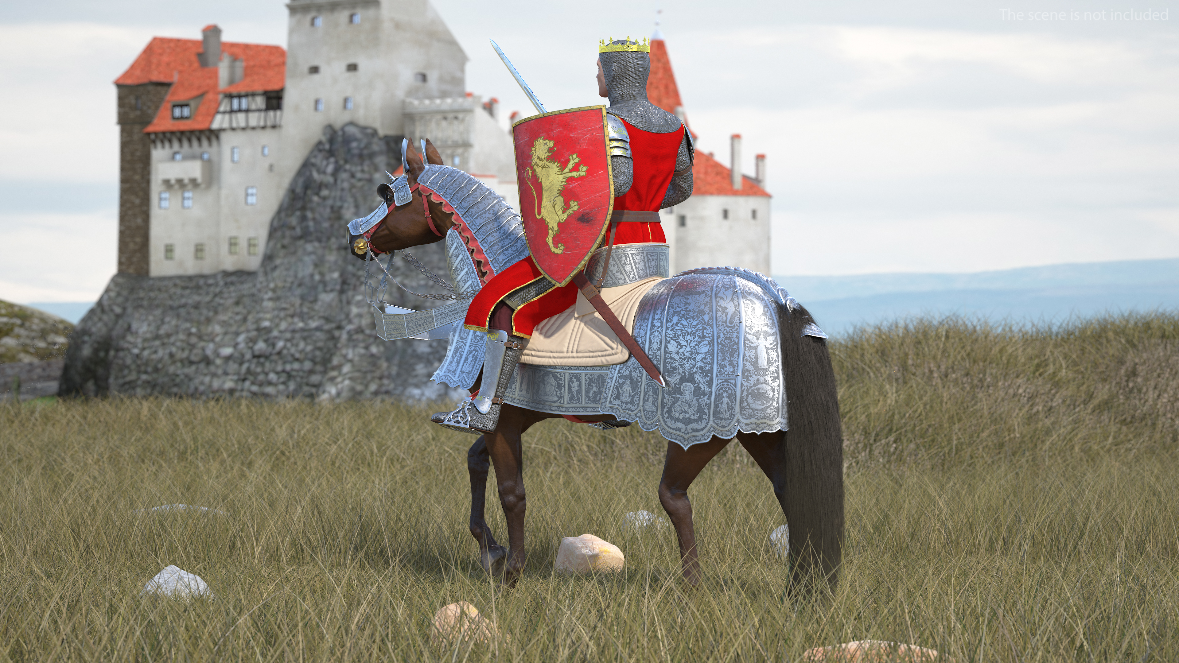 Knight King on Horseback in Armor Fur 3D