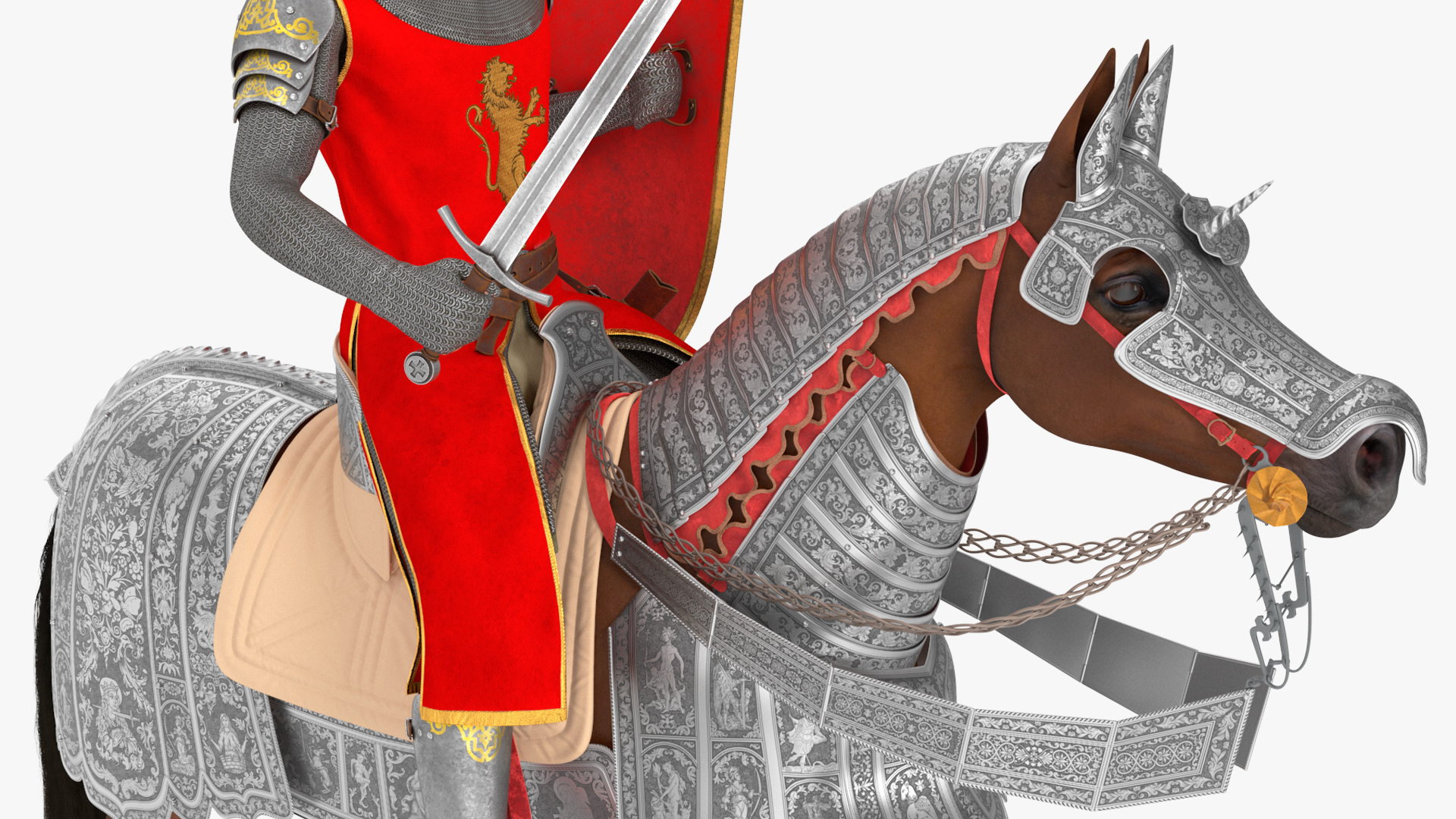 Knight King on Horseback in Armor Fur 3D