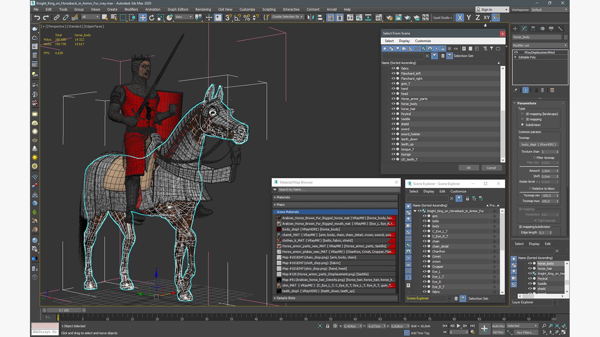 Knight King on Horseback in Armor Fur 3D