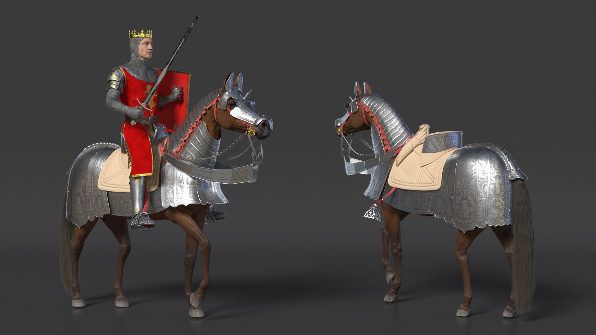 Knight King on Horseback in Armor Fur 3D