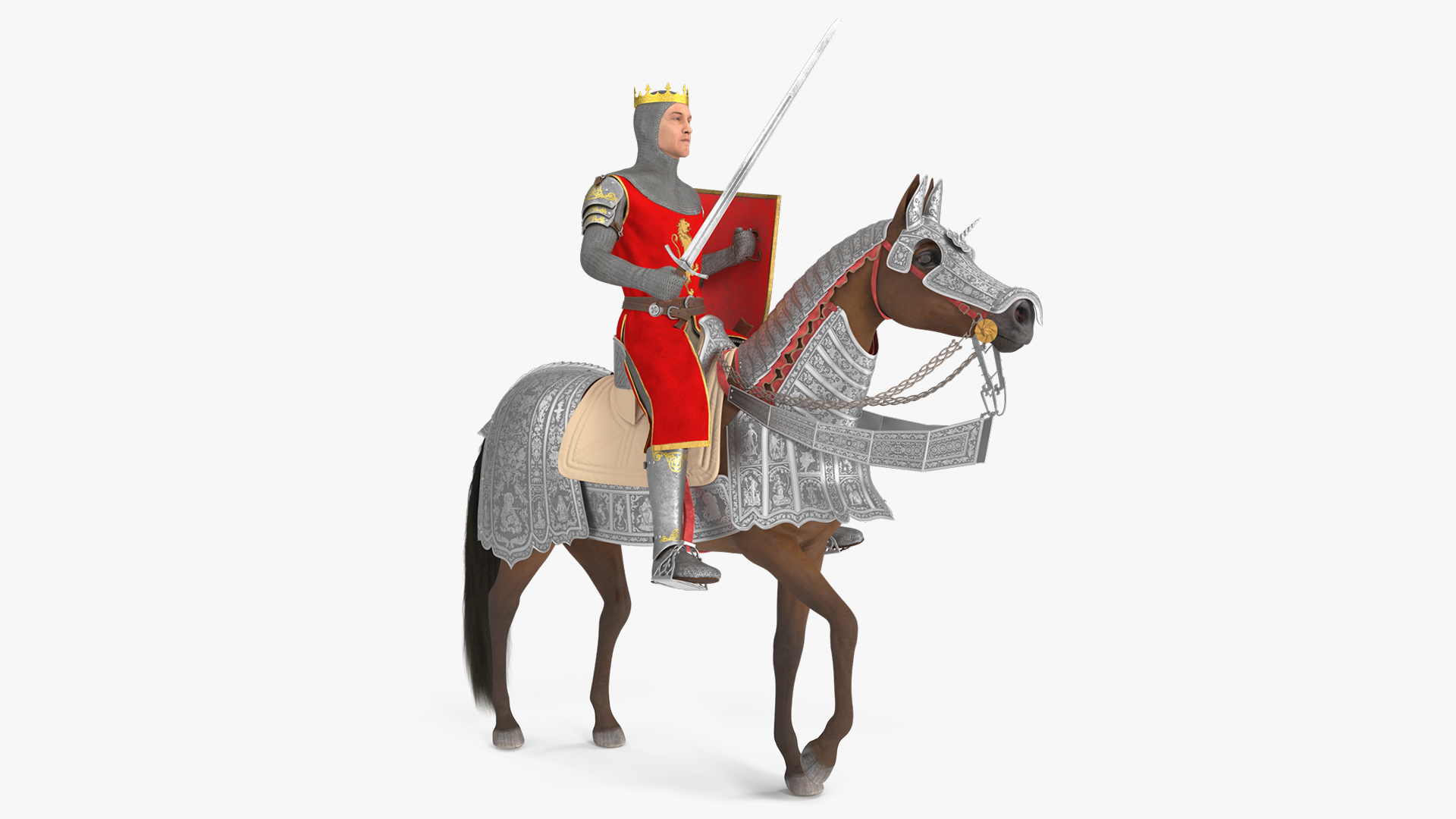 Knight King on Horseback in Armor Fur 3D