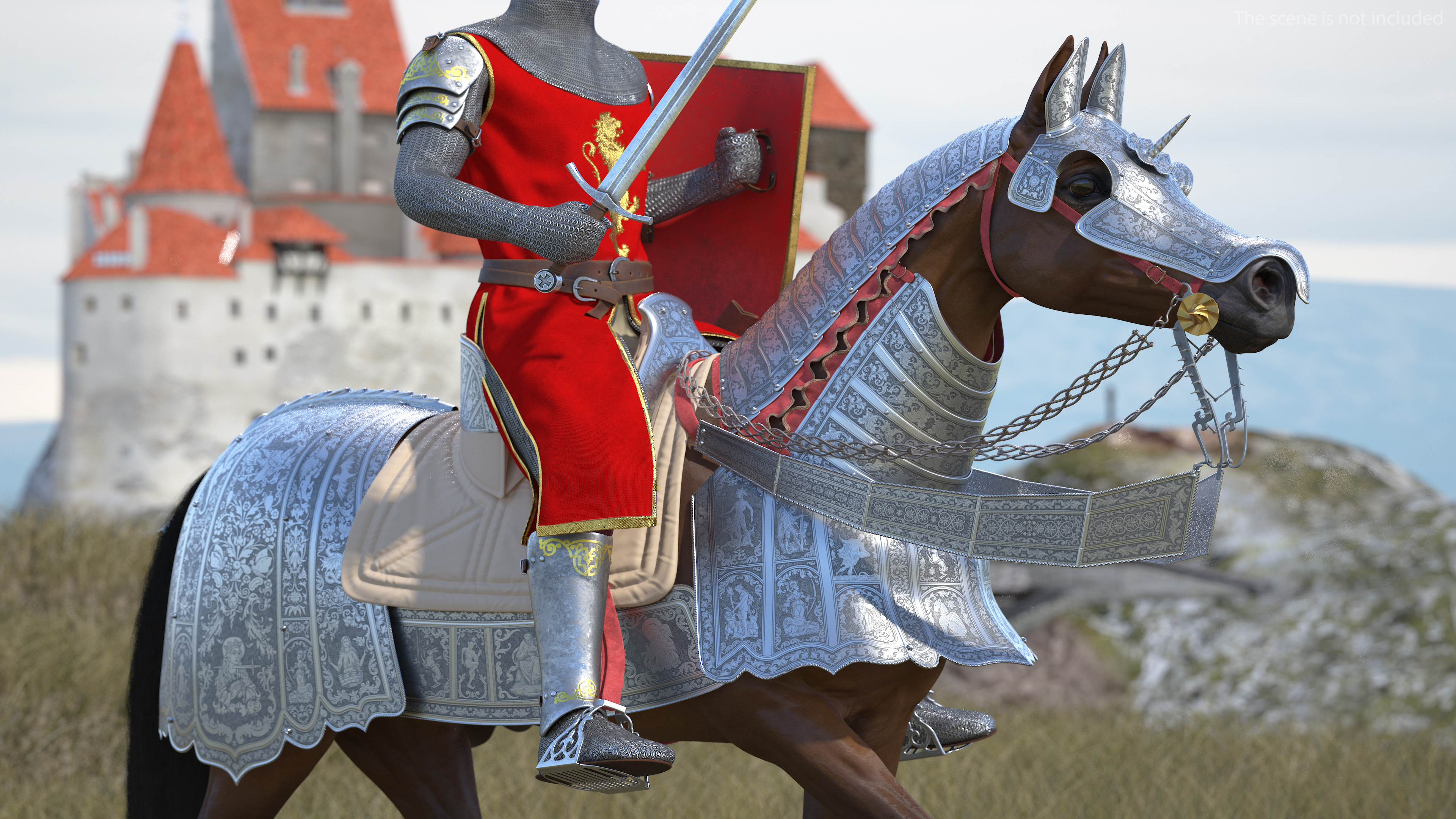 Knight King on Horseback in Armor Fur 3D