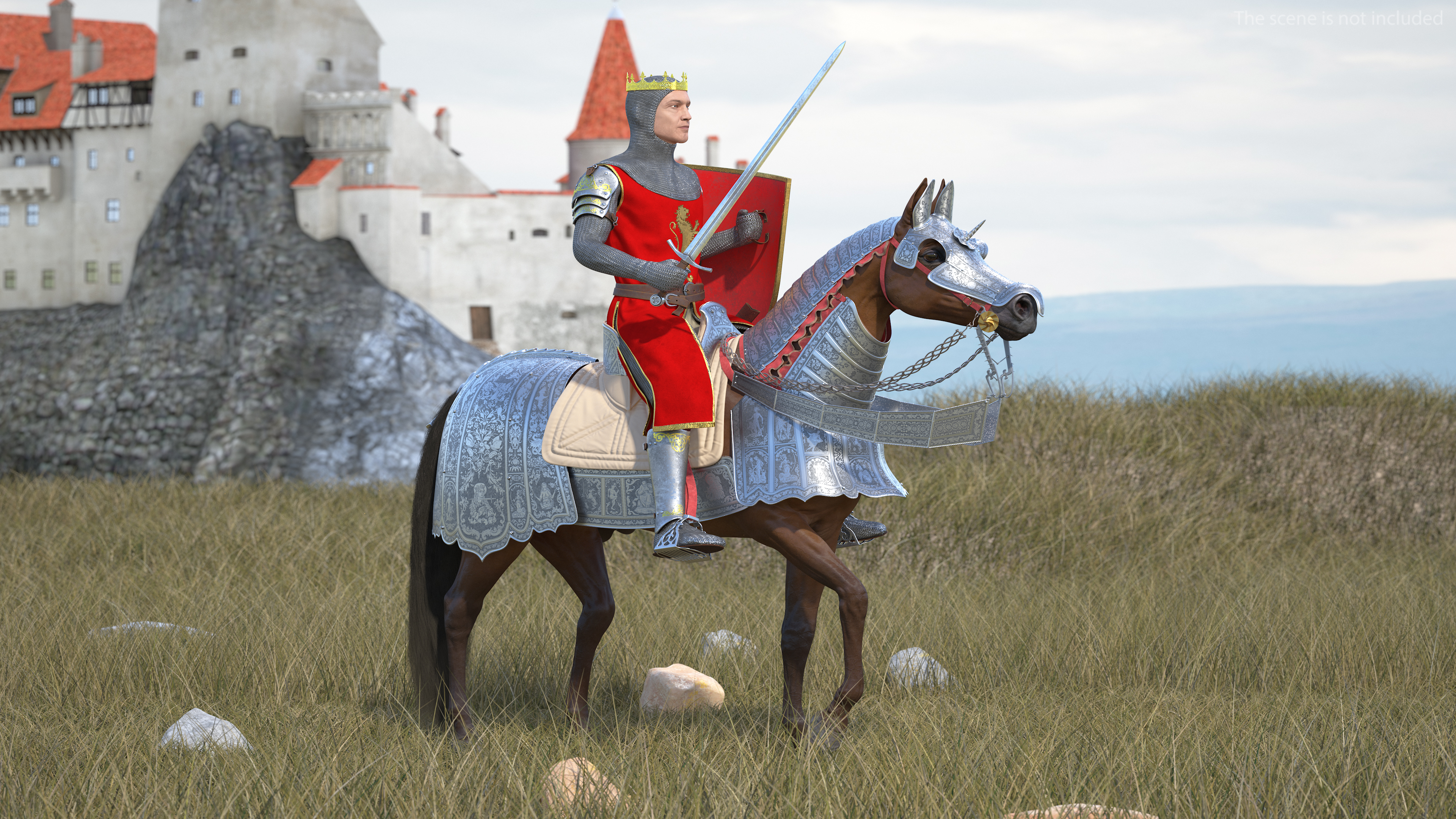 Knight King on Horseback in Armor Fur 3D