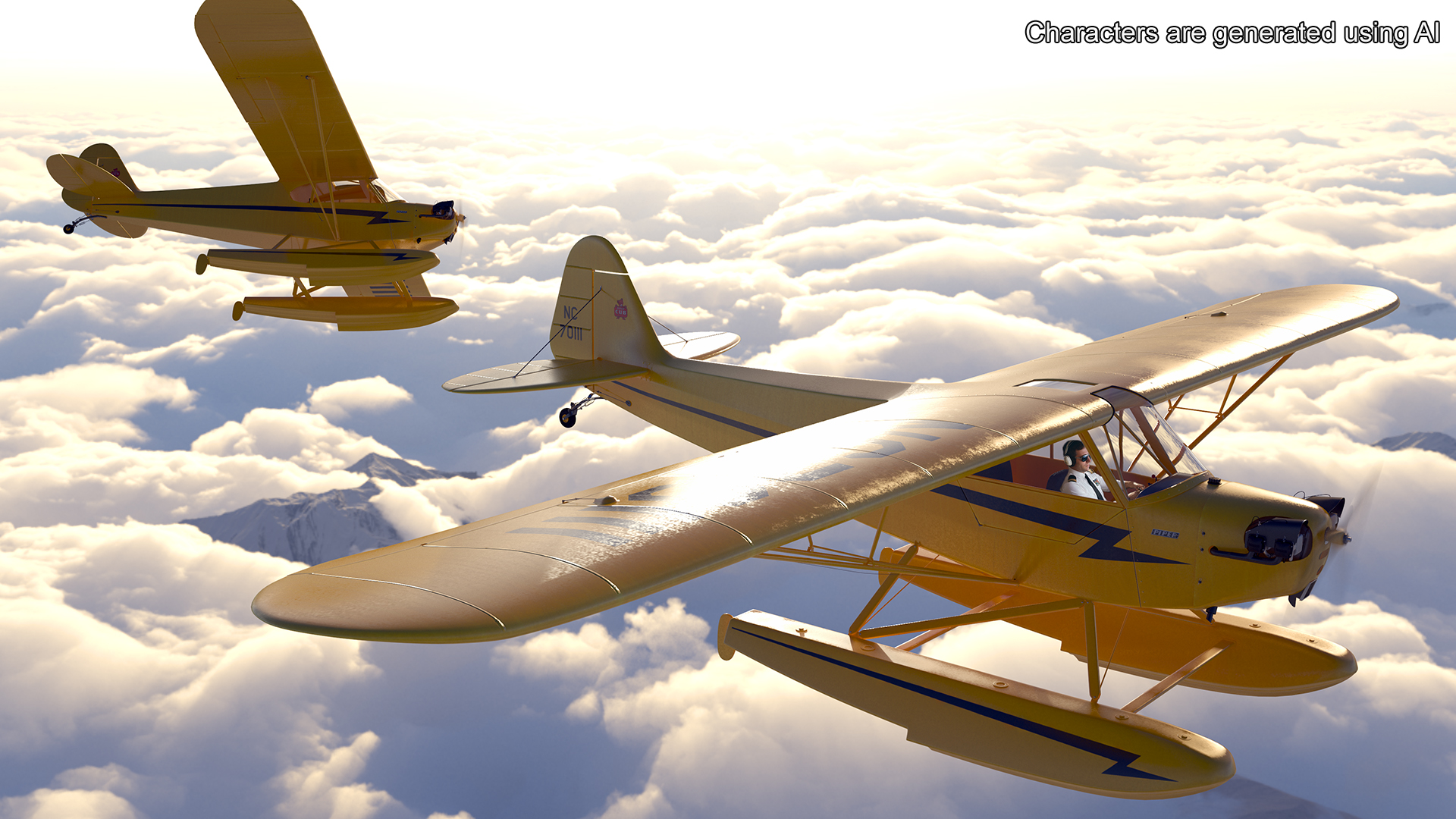 3D model Classic Monoplane Aircraft Piper J-3 with Floats Rigged