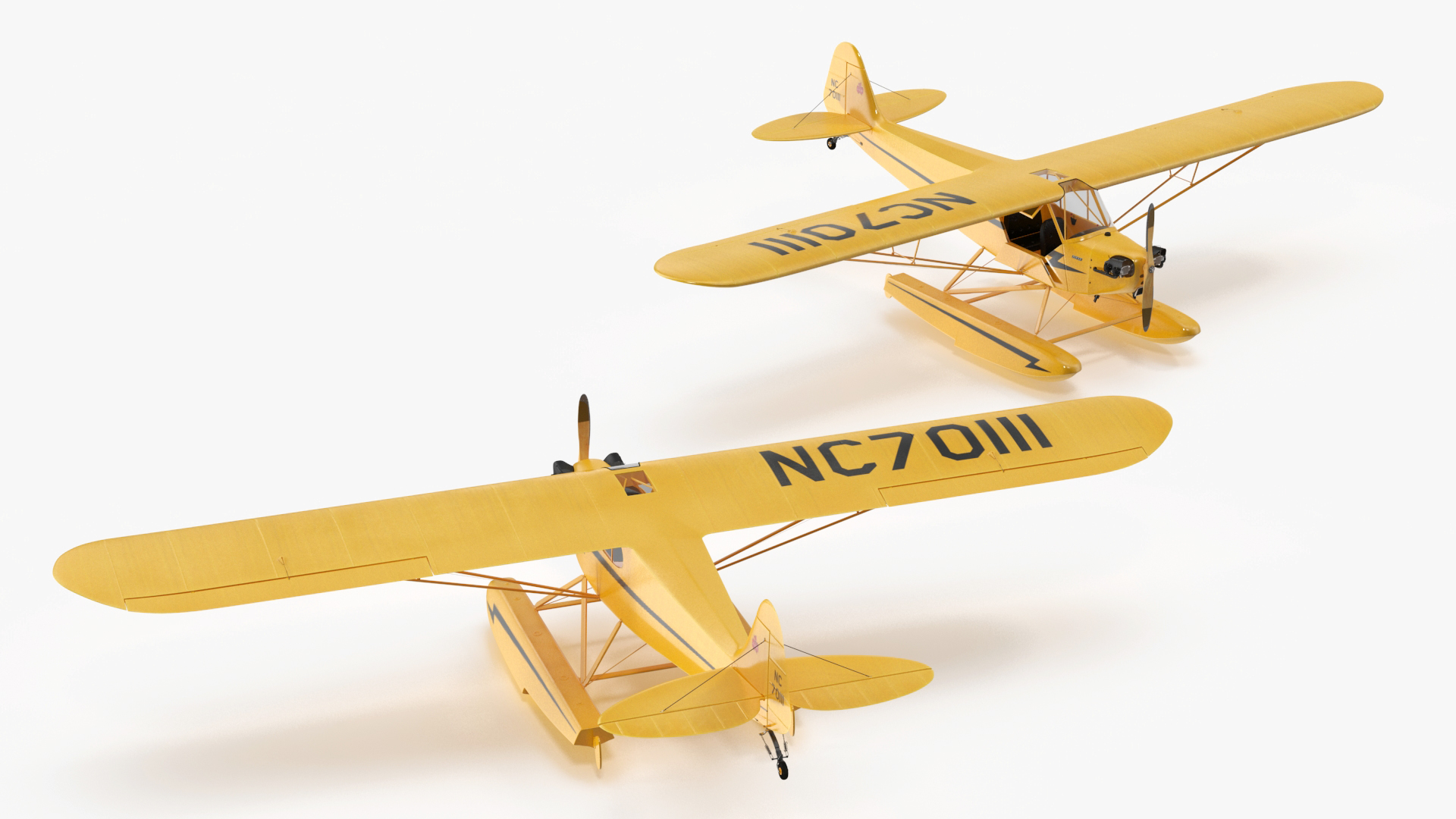 3D model Classic Monoplane Aircraft Piper J-3 with Floats Rigged