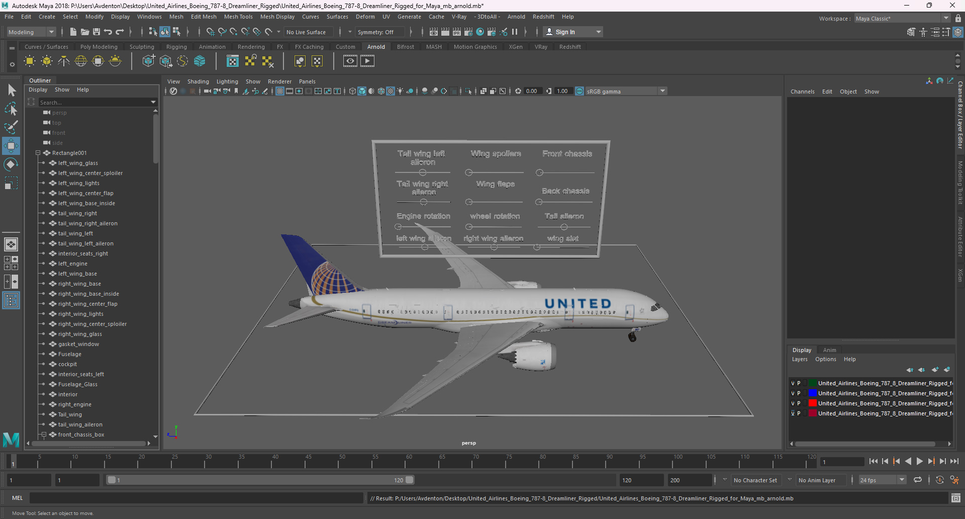 3D model United Airlines Boeing 787-8 Dreamliner Rigged for Maya