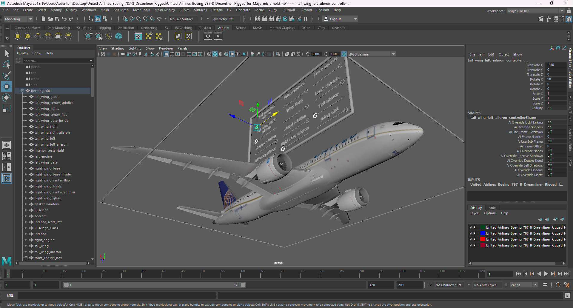 3D model United Airlines Boeing 787-8 Dreamliner Rigged for Maya