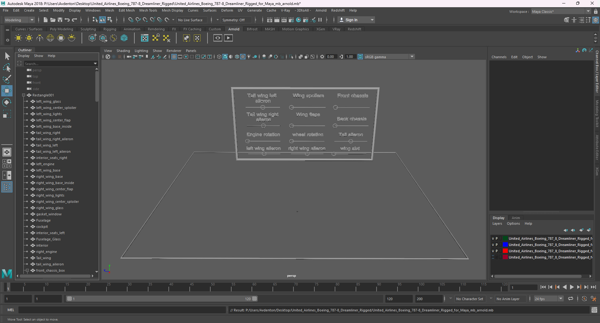 3D model United Airlines Boeing 787-8 Dreamliner Rigged for Maya