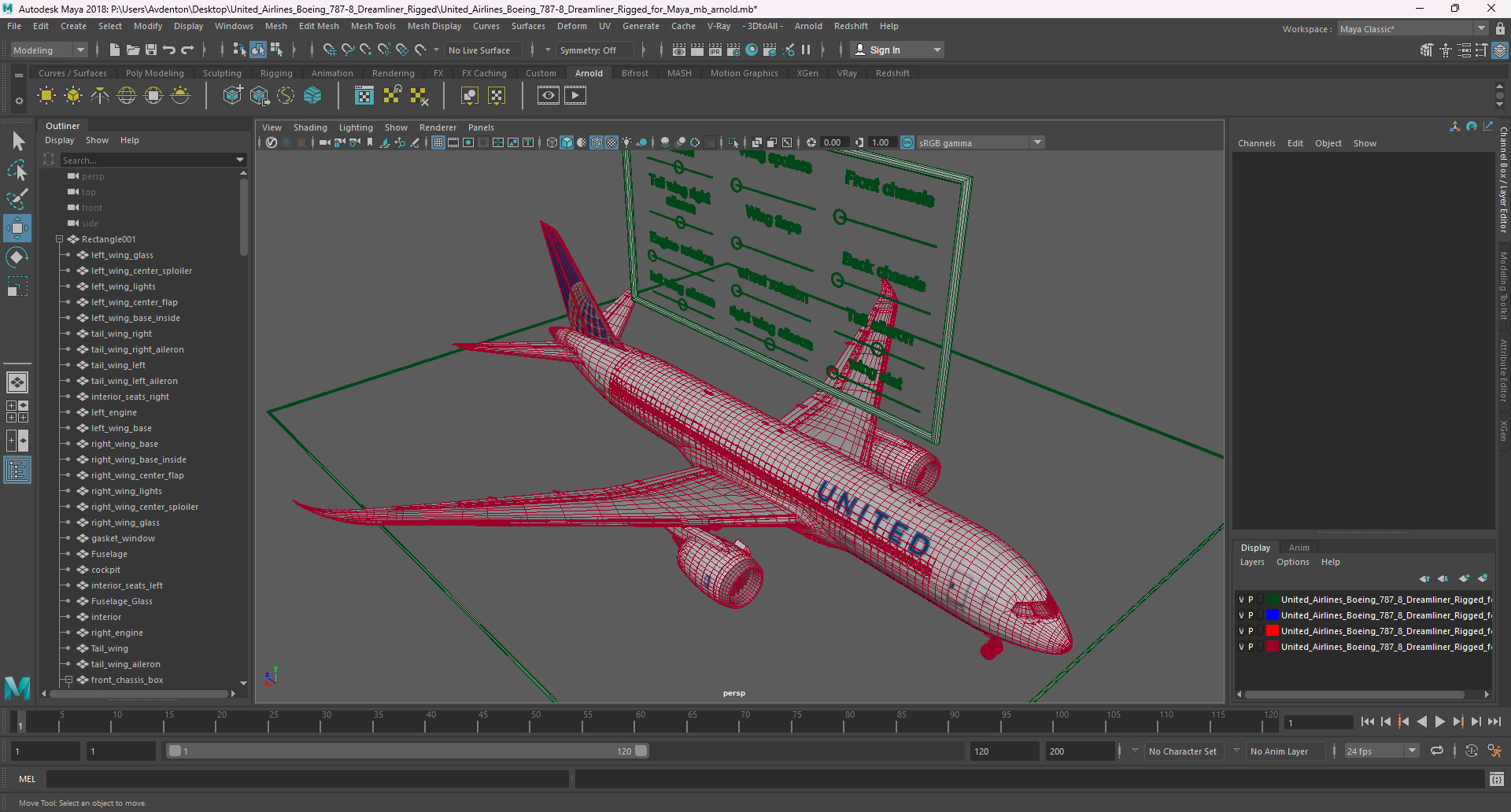 3D model United Airlines Boeing 787-8 Dreamliner Rigged for Maya