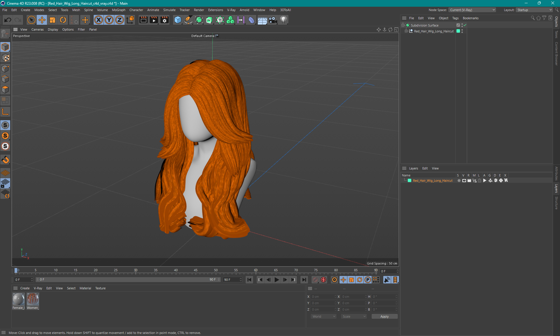 3D model Red Hair Wig Long Haircut