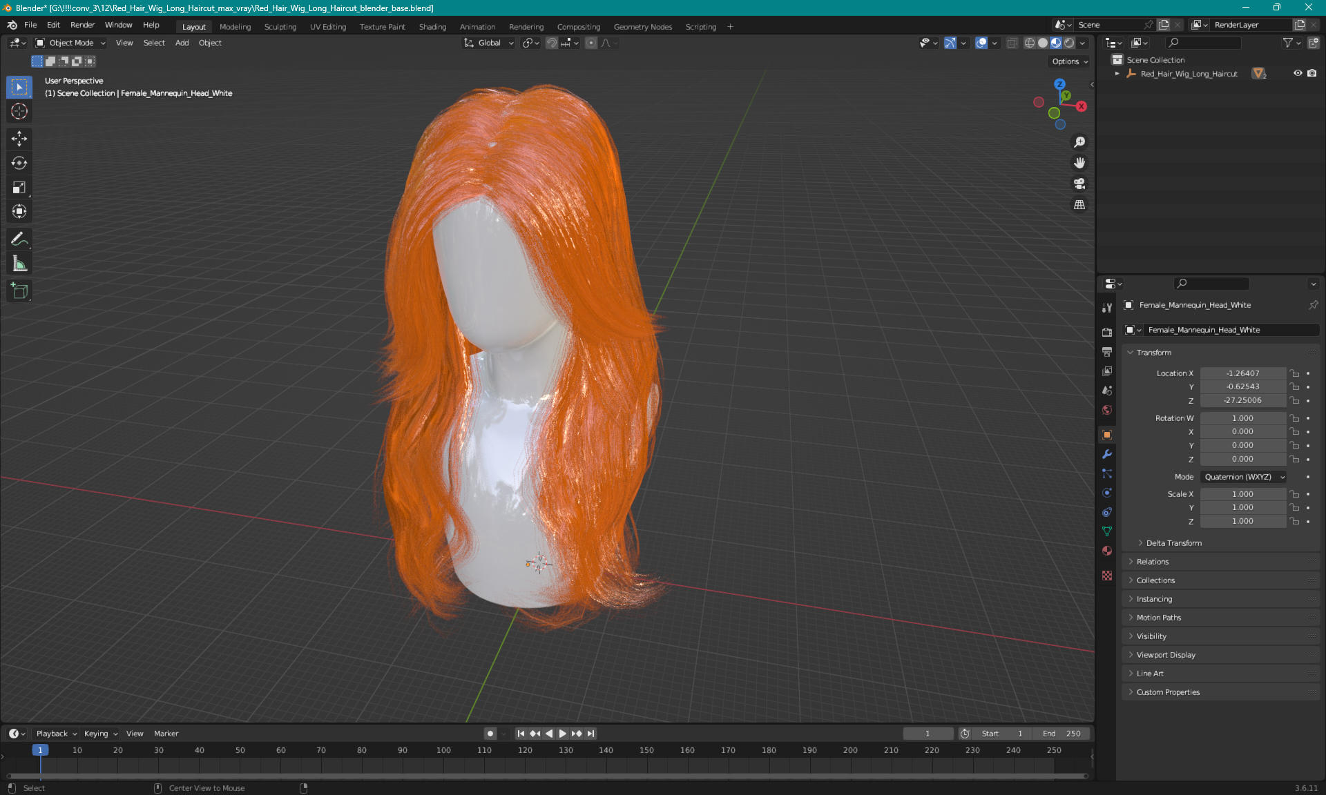 3D model Red Hair Wig Long Haircut