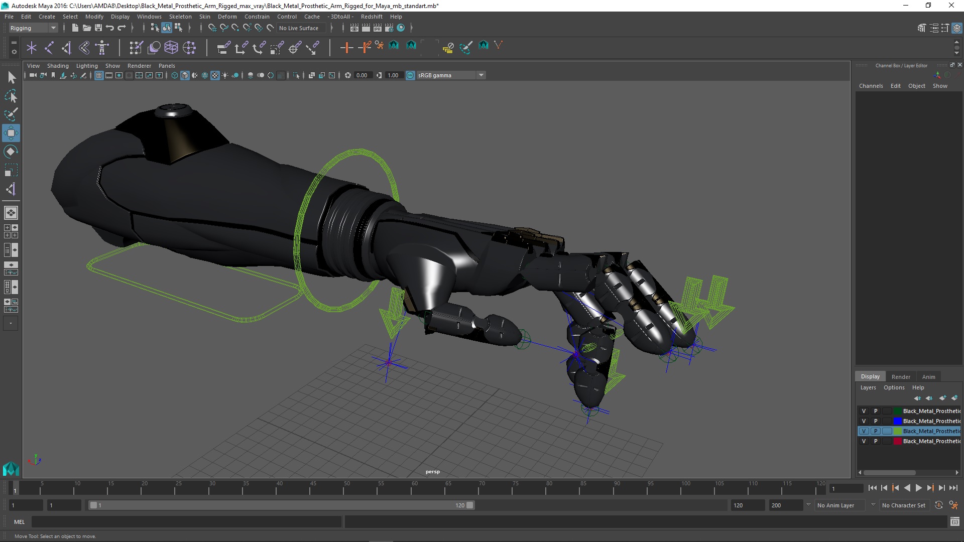 Black Metal Prosthetic Arm Rigged for Maya 3D