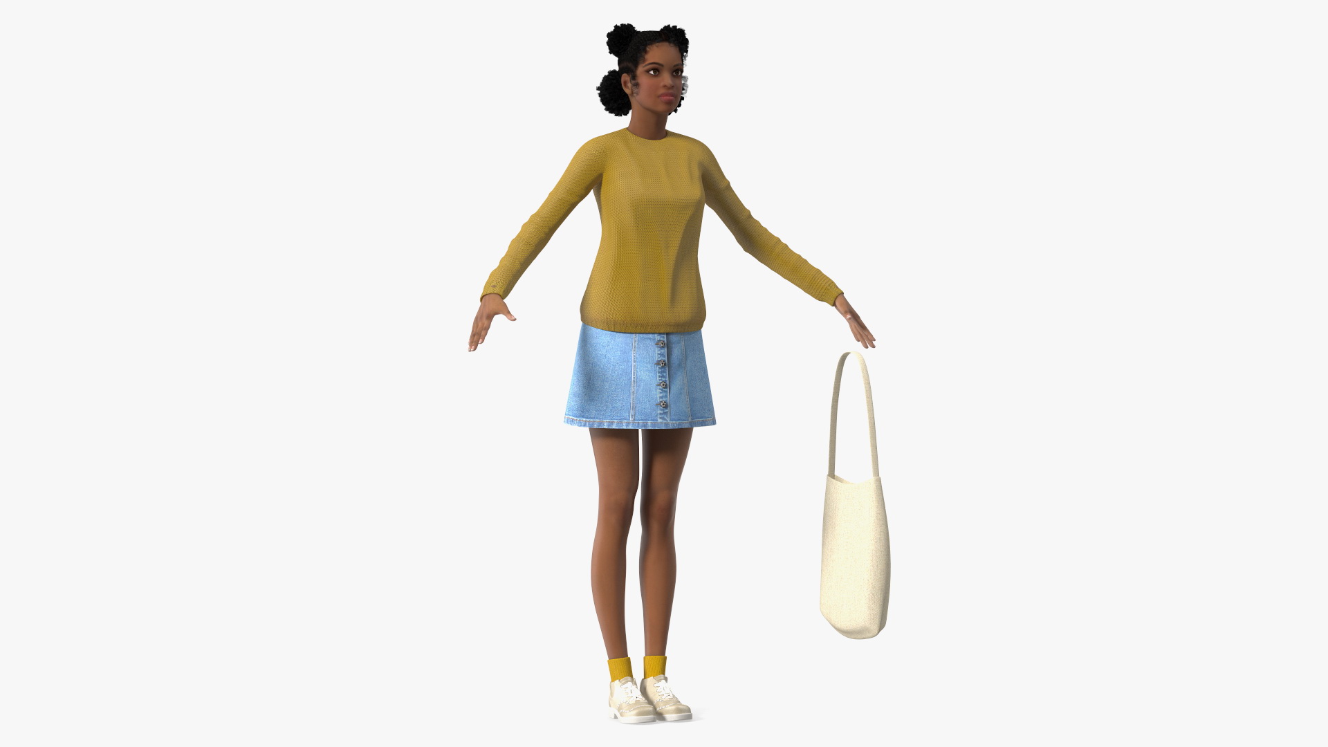 3D Street Style Light Skin Black Young Woman T Pose model