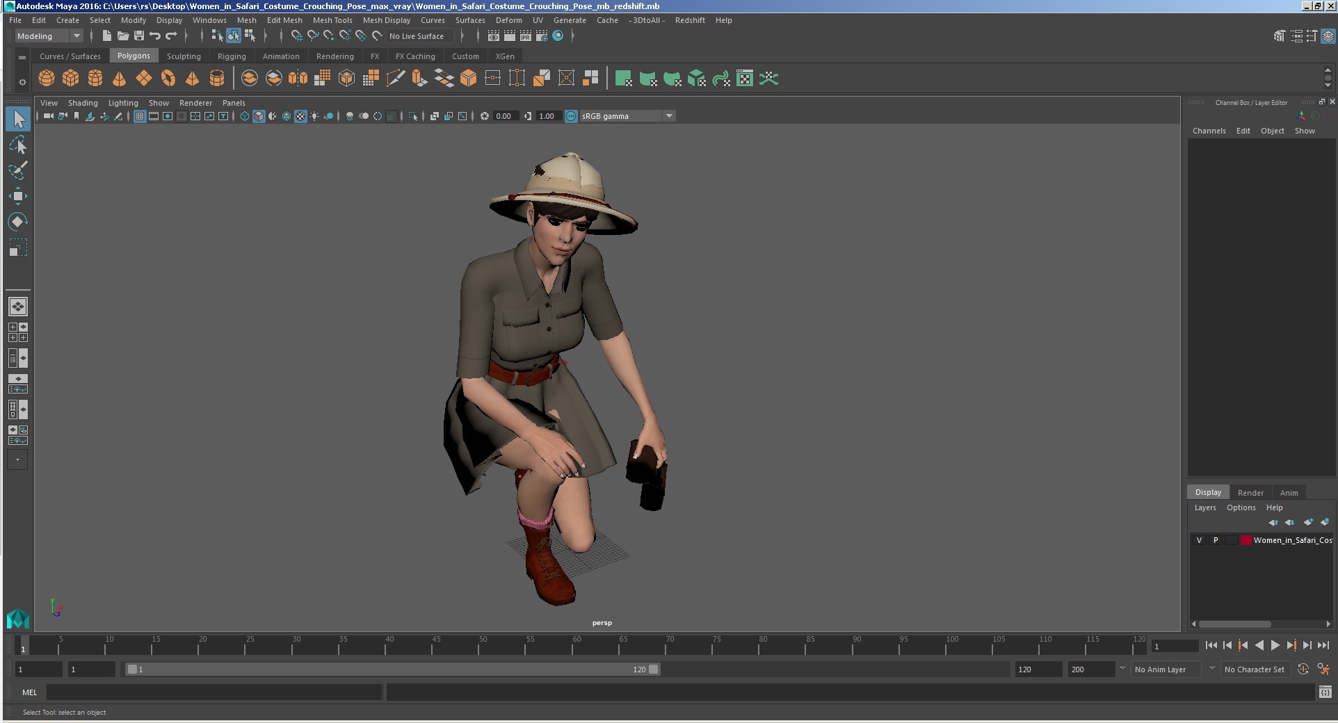 3D Women in Safari Costume Crouching Pose model