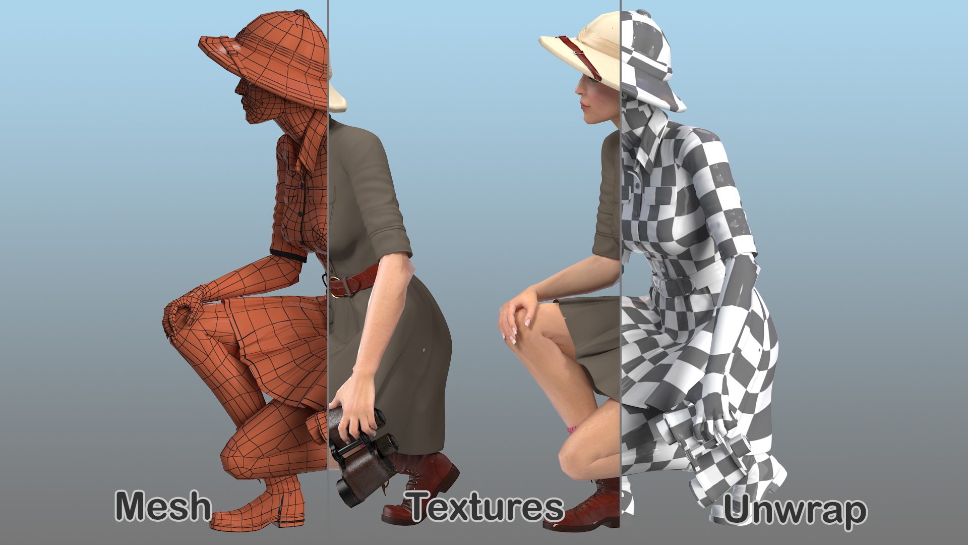 3D Women in Safari Costume Crouching Pose model