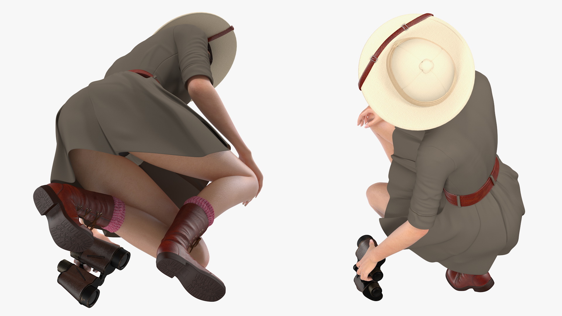 3D Women in Safari Costume Crouching Pose model