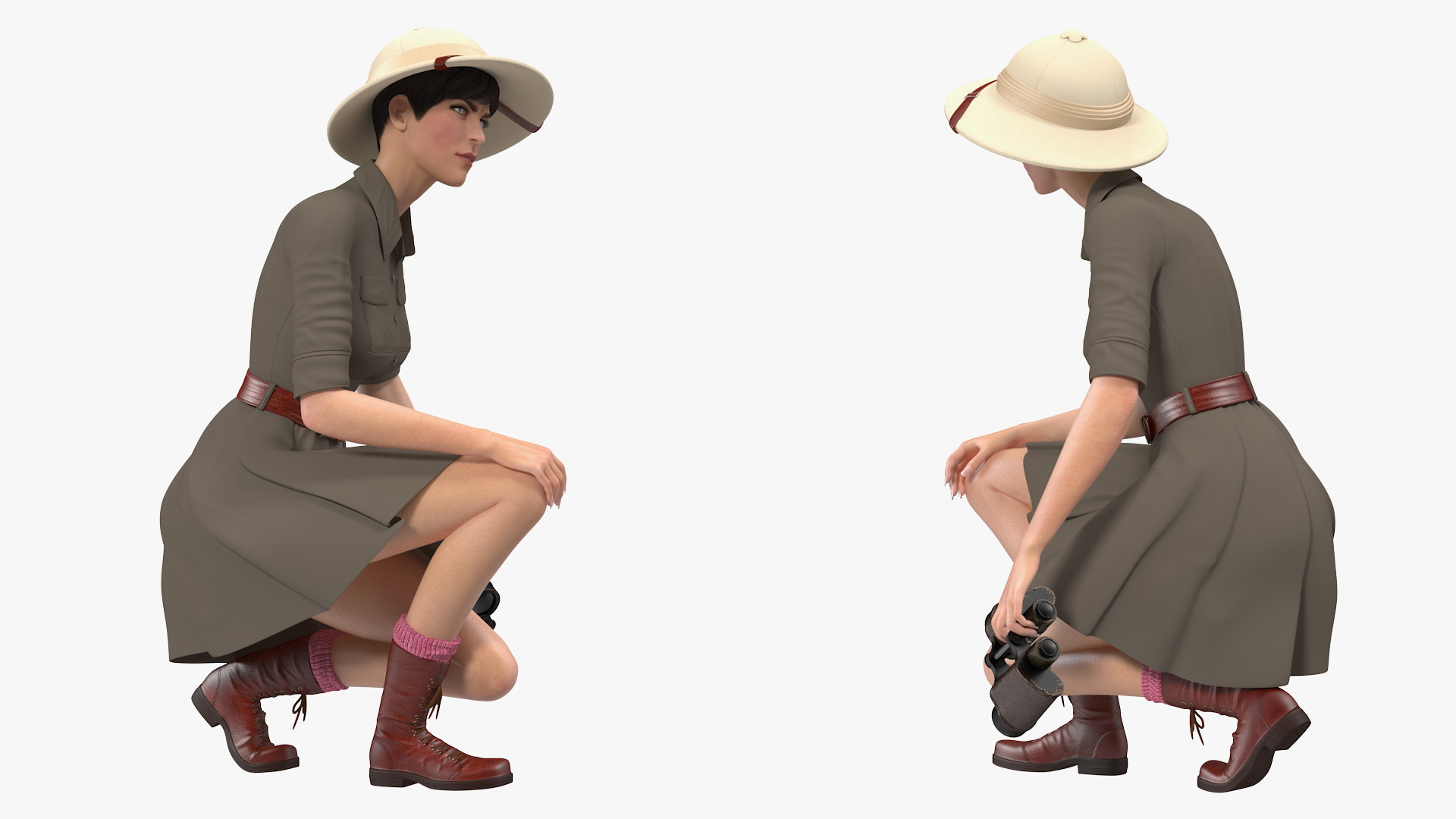 3D Women in Safari Costume Crouching Pose model