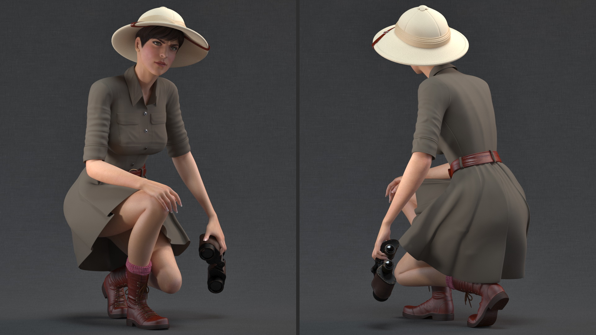 3D Women in Safari Costume Crouching Pose model