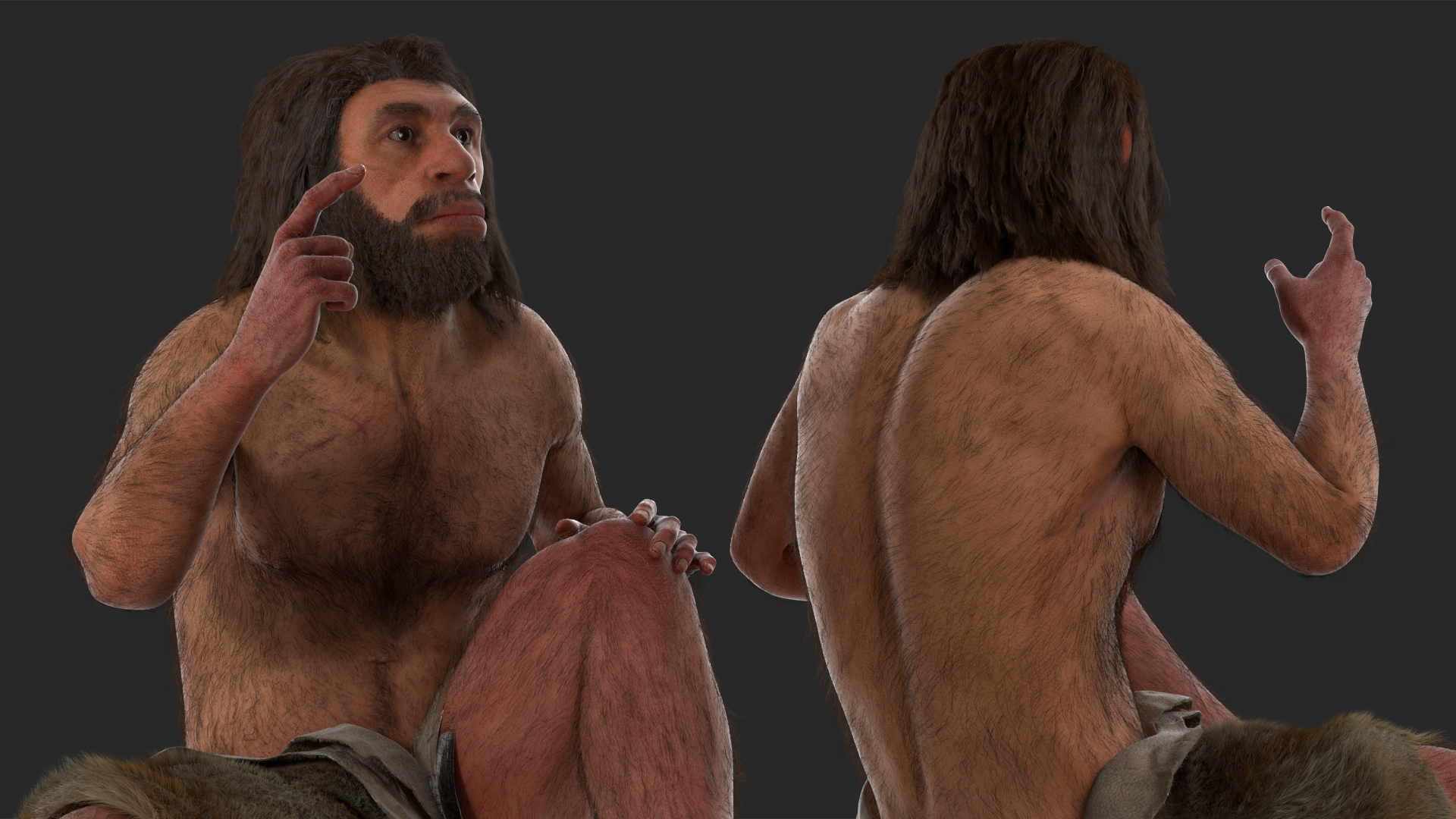 3D Sitting Neanderthal Fur model