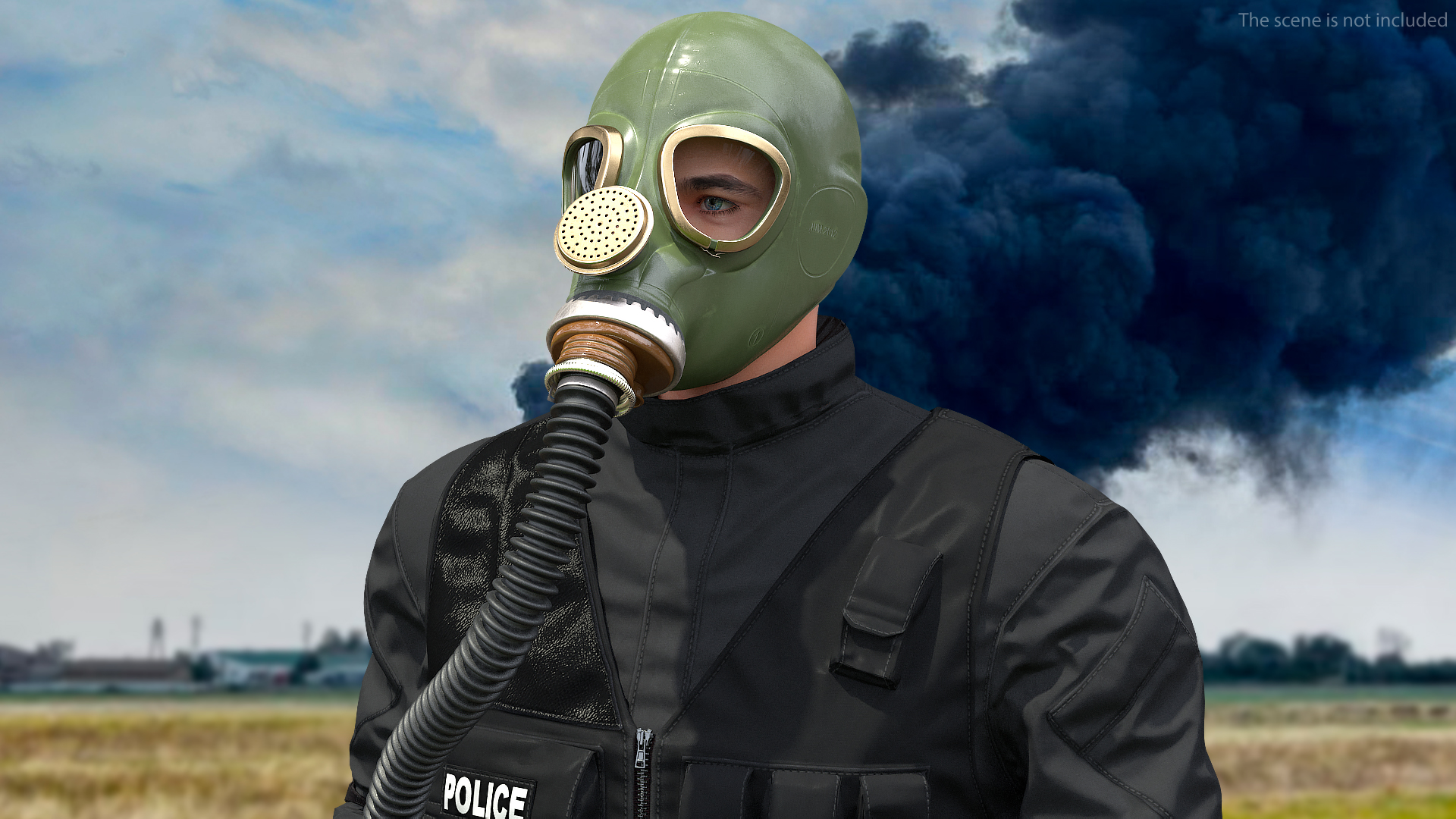 3D Green Gas Mask with Long Hose Rigged