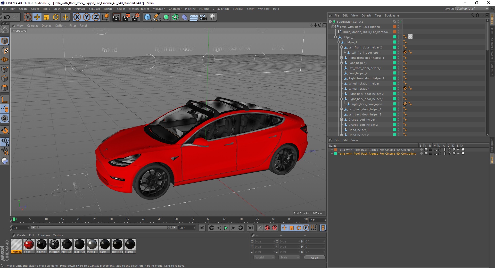 3D Tesla with Roof Rack Rigged for Cinema 4D