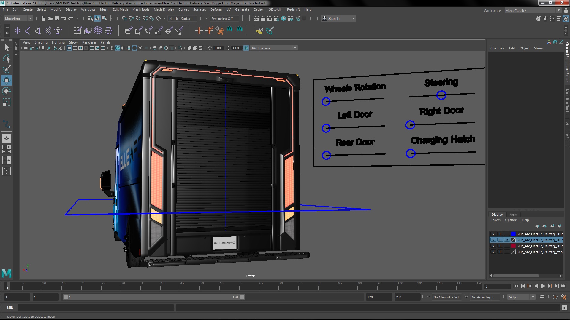 3D Blue Arc Electric Delivery Van Rigged for Maya