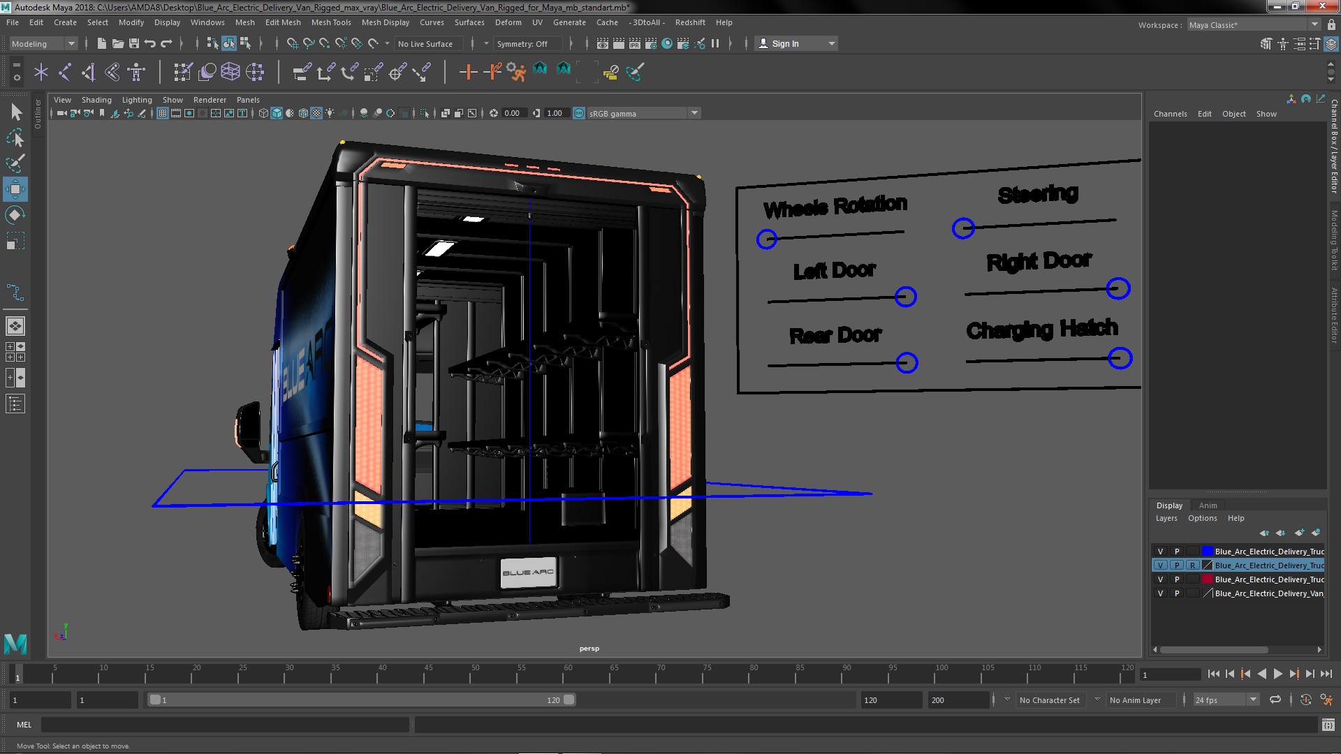 3D Blue Arc Electric Delivery Van Rigged for Maya