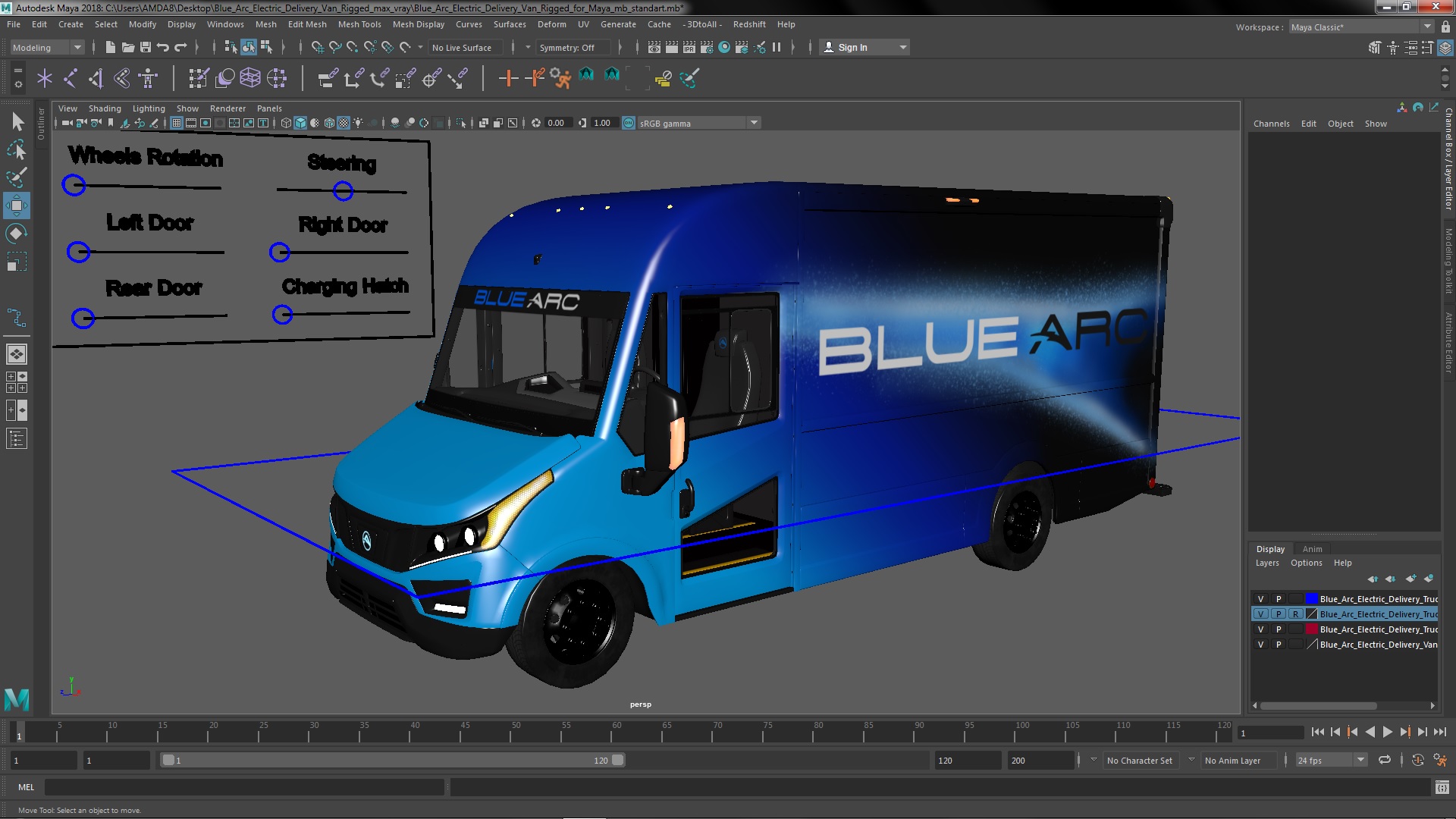 3D Blue Arc Electric Delivery Van Rigged for Maya