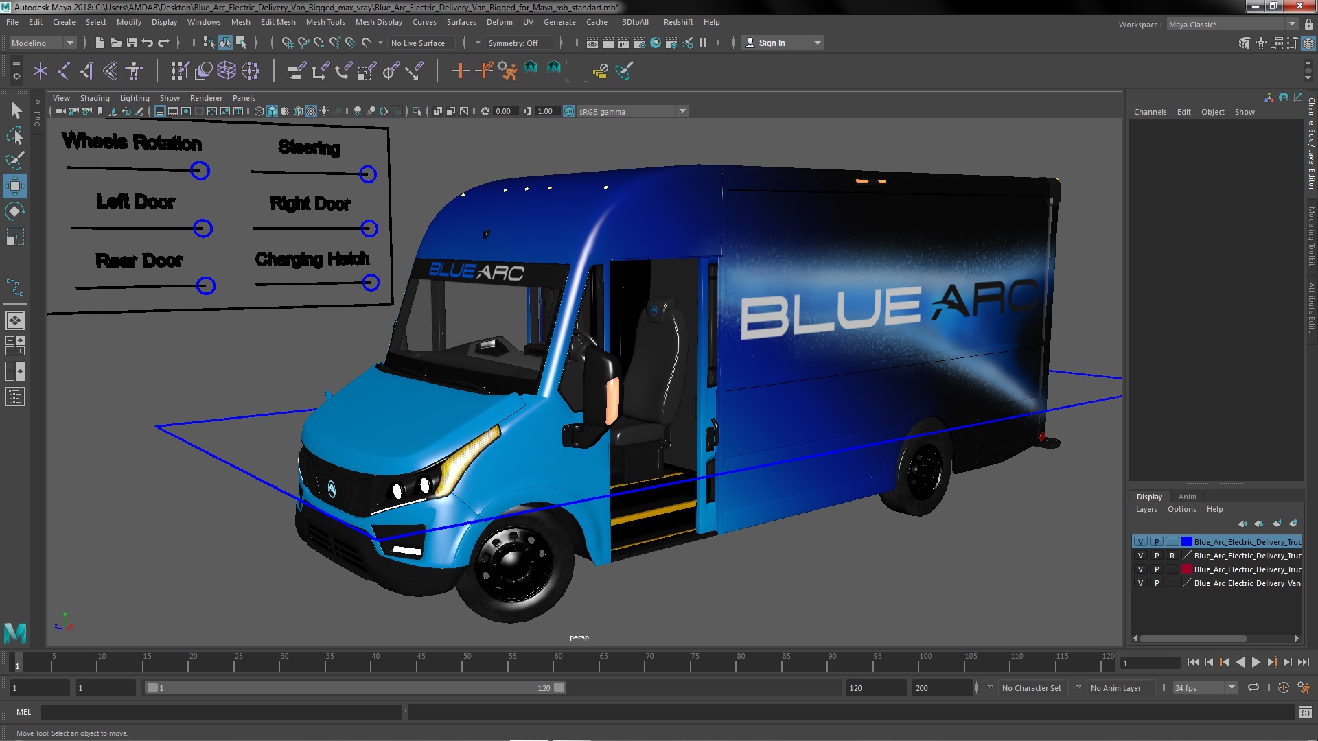 3D Blue Arc Electric Delivery Van Rigged for Maya