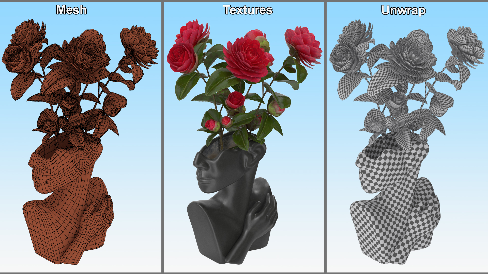 3D Ceramics Bust Vase Black with Camellia model