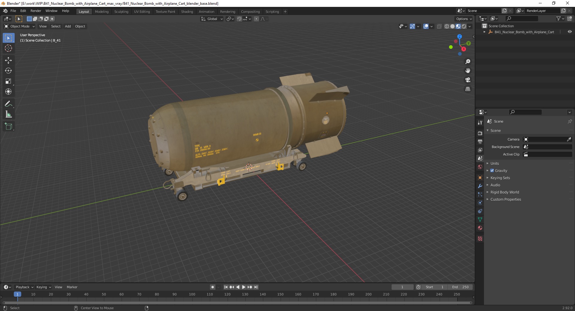 3D model B41 Nuclear Bomb with Airplane Cart