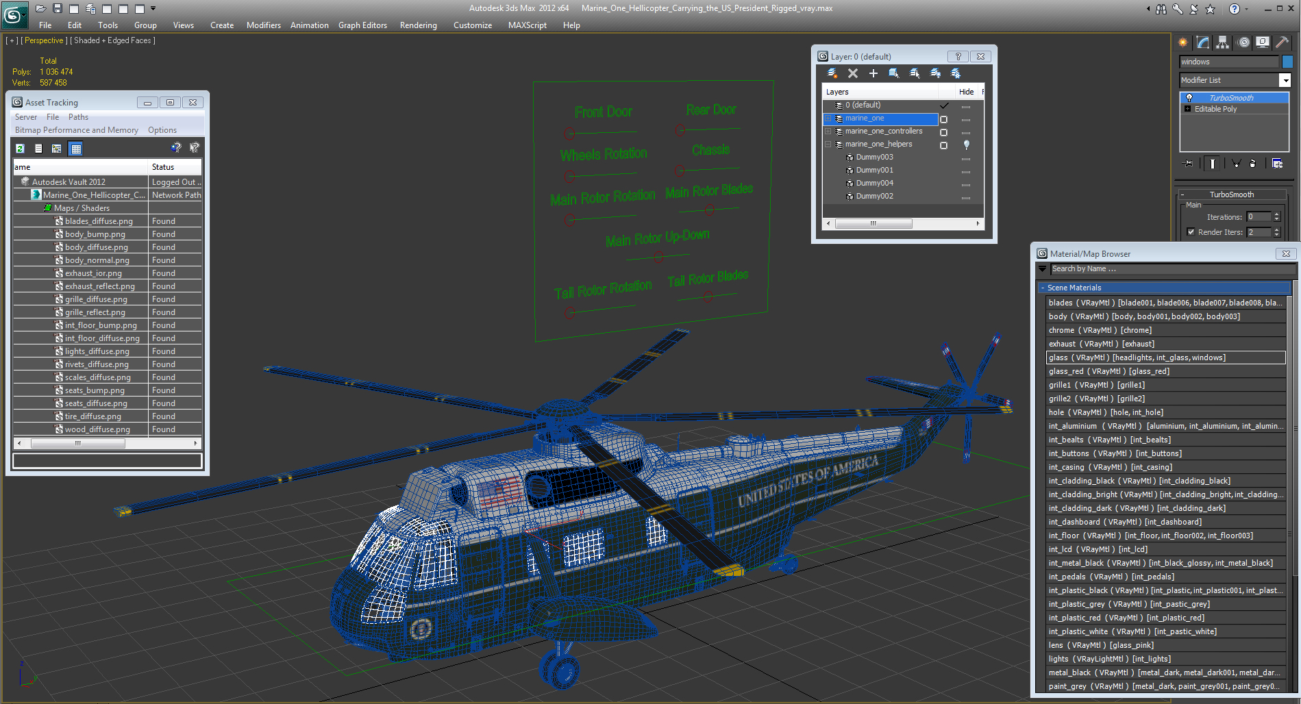 3D model Marine One Hellicopter Carrying the US President Rigged