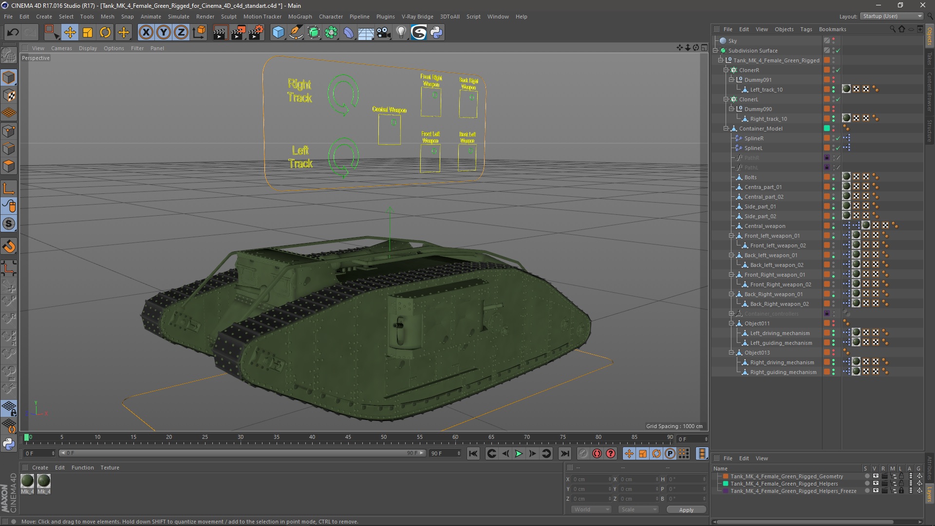 3D Tank MK 4 Female Green Rigged for Cinema 4D model