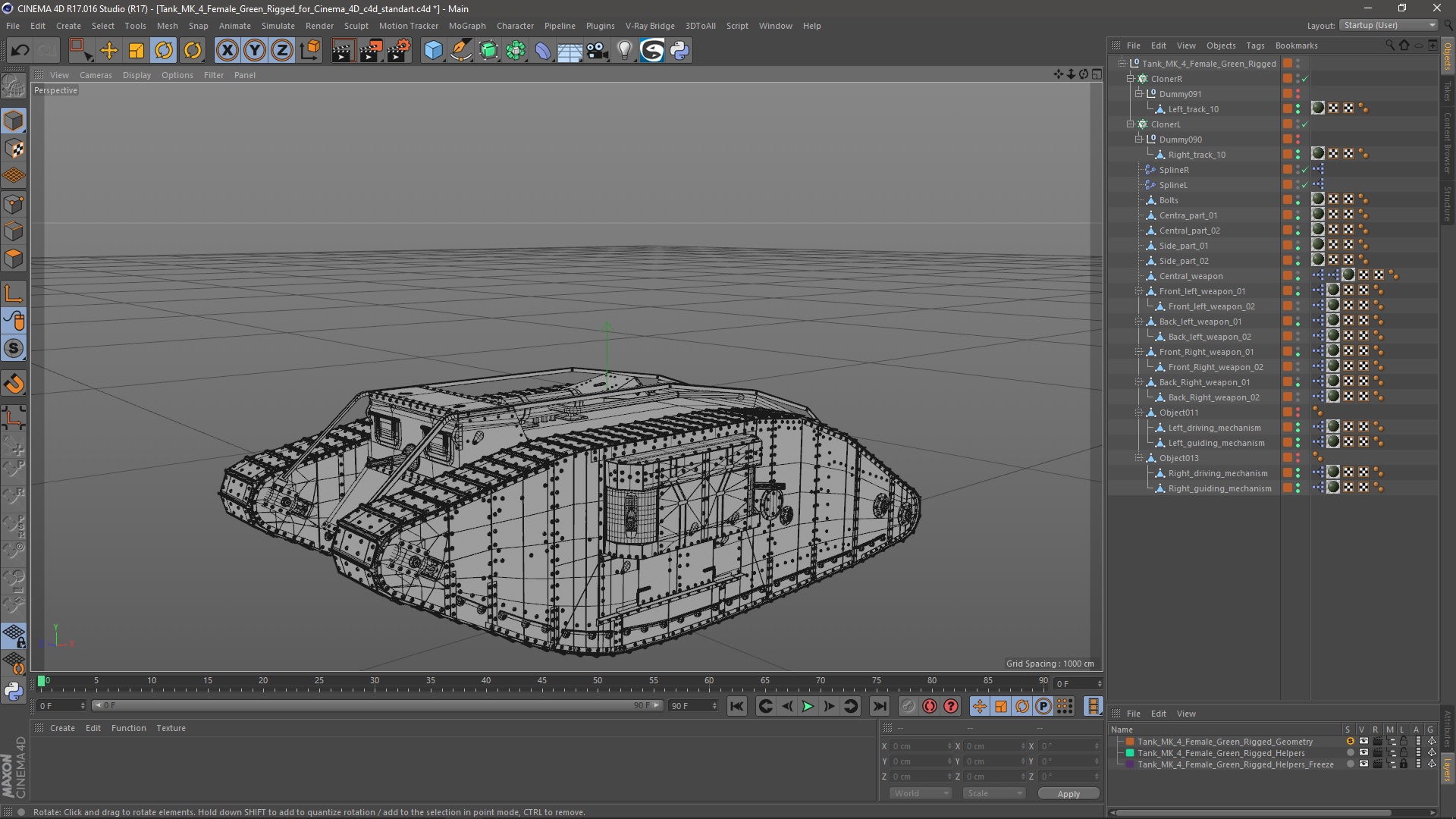 3D Tank MK 4 Female Green Rigged for Cinema 4D model