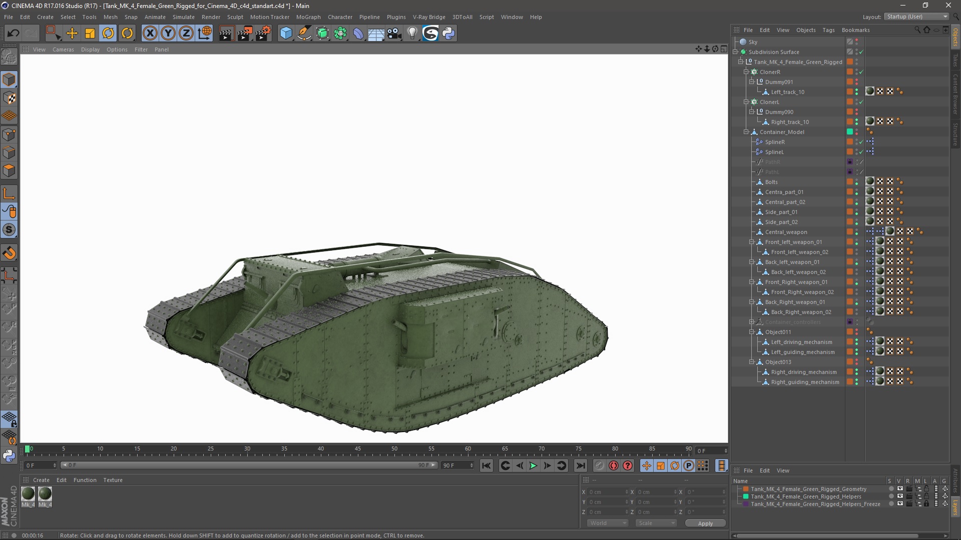 3D Tank MK 4 Female Green Rigged for Cinema 4D model