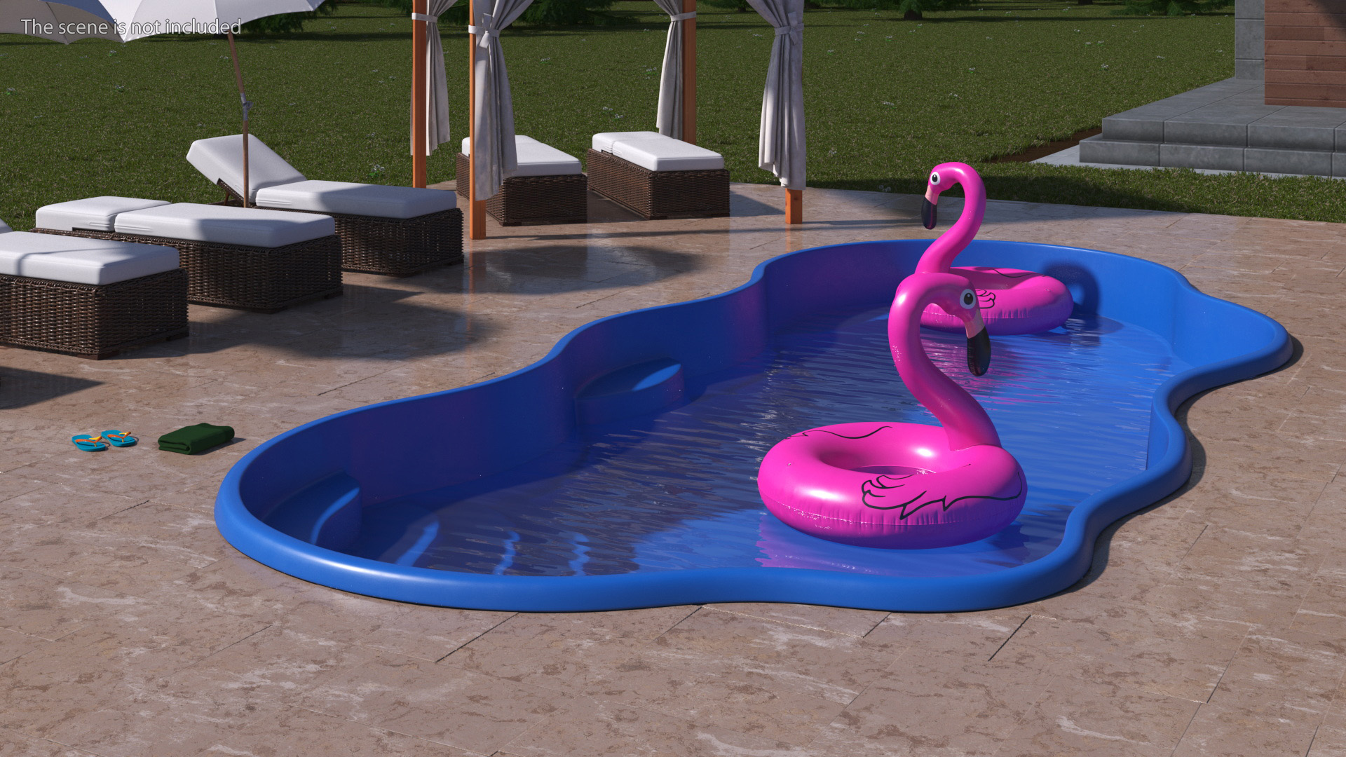 Pool and Inflatable Flamingo Swimming Ring 3D