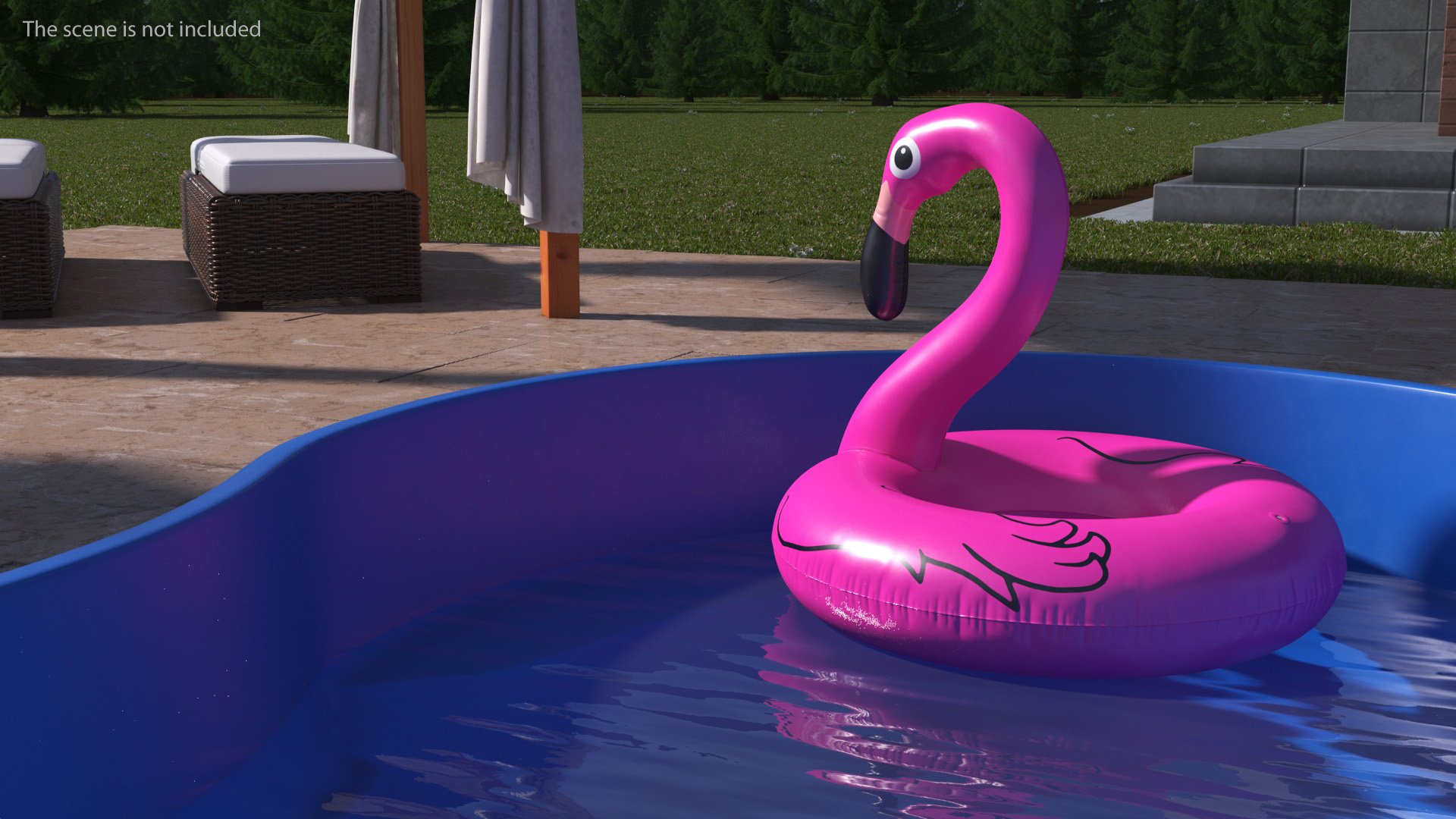 Pool and Inflatable Flamingo Swimming Ring 3D