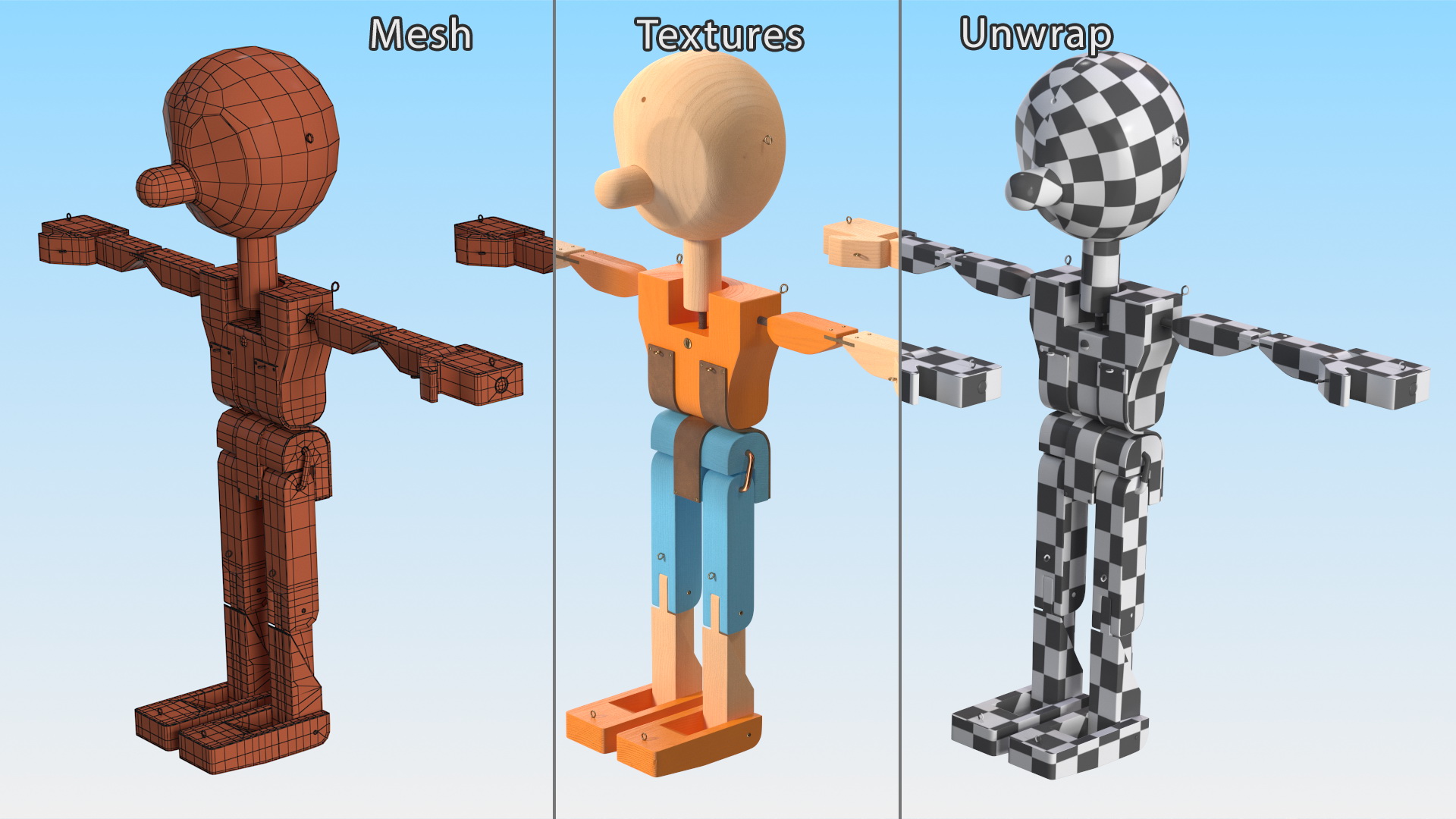 3D Colored Wooden Character Rigged