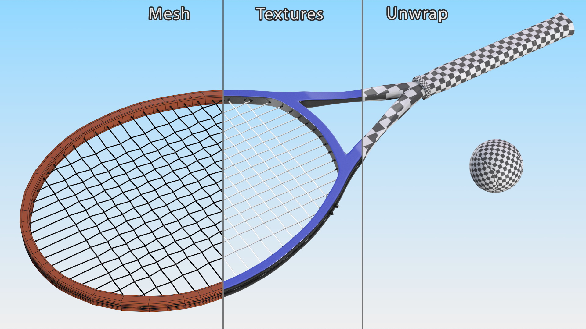 Tennis Ball and Blue Tennis Racket 3D model