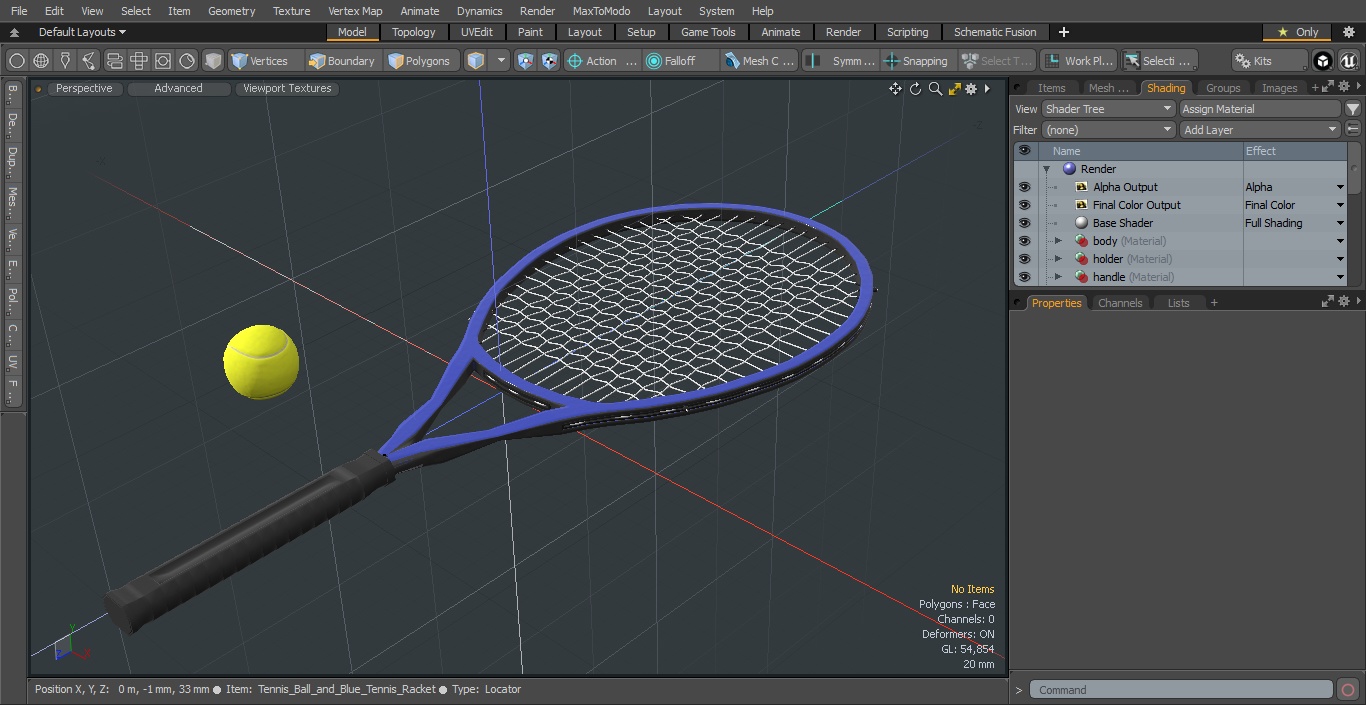 Tennis Ball and Blue Tennis Racket 3D model