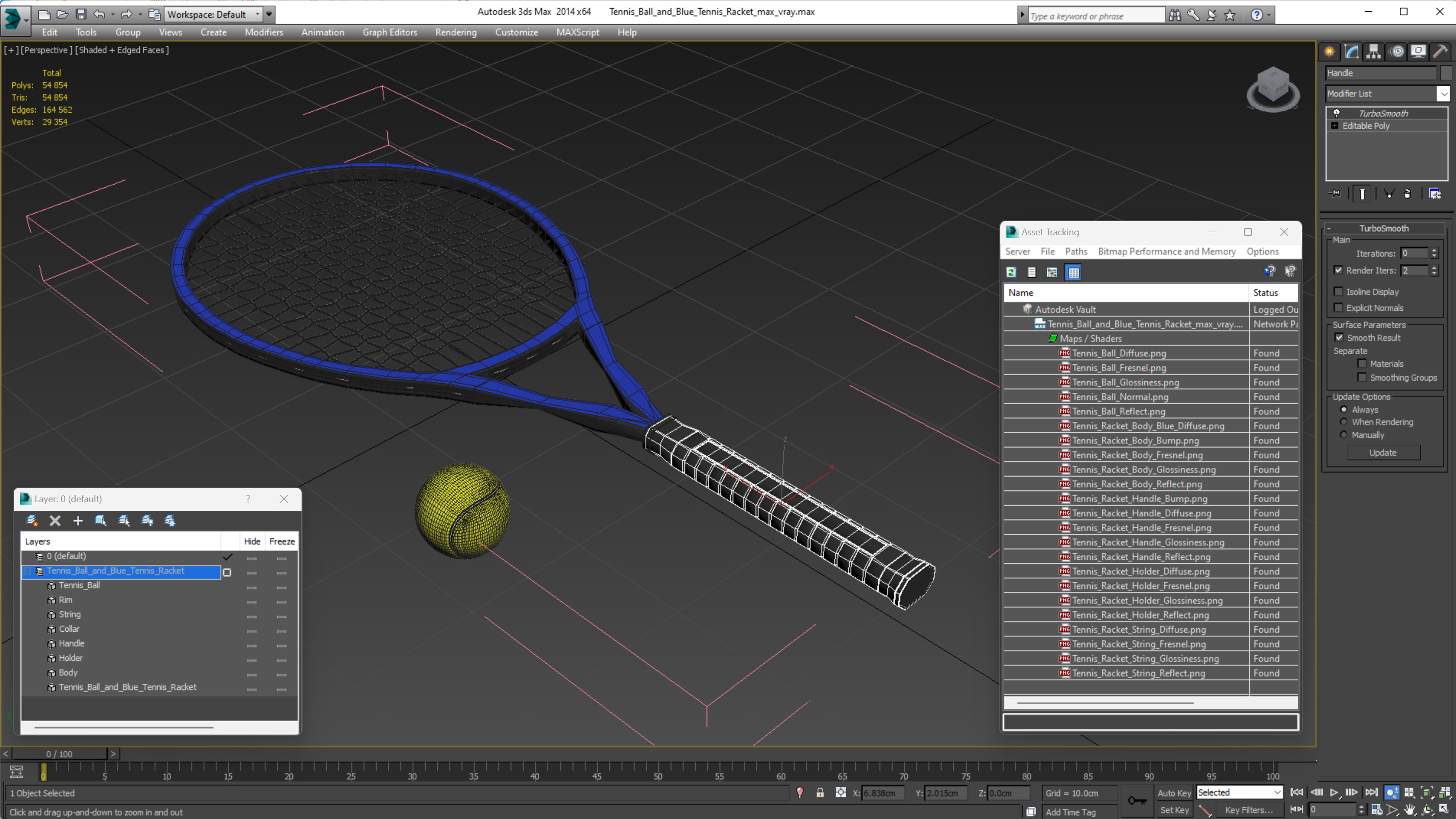 Tennis Ball and Blue Tennis Racket 3D model