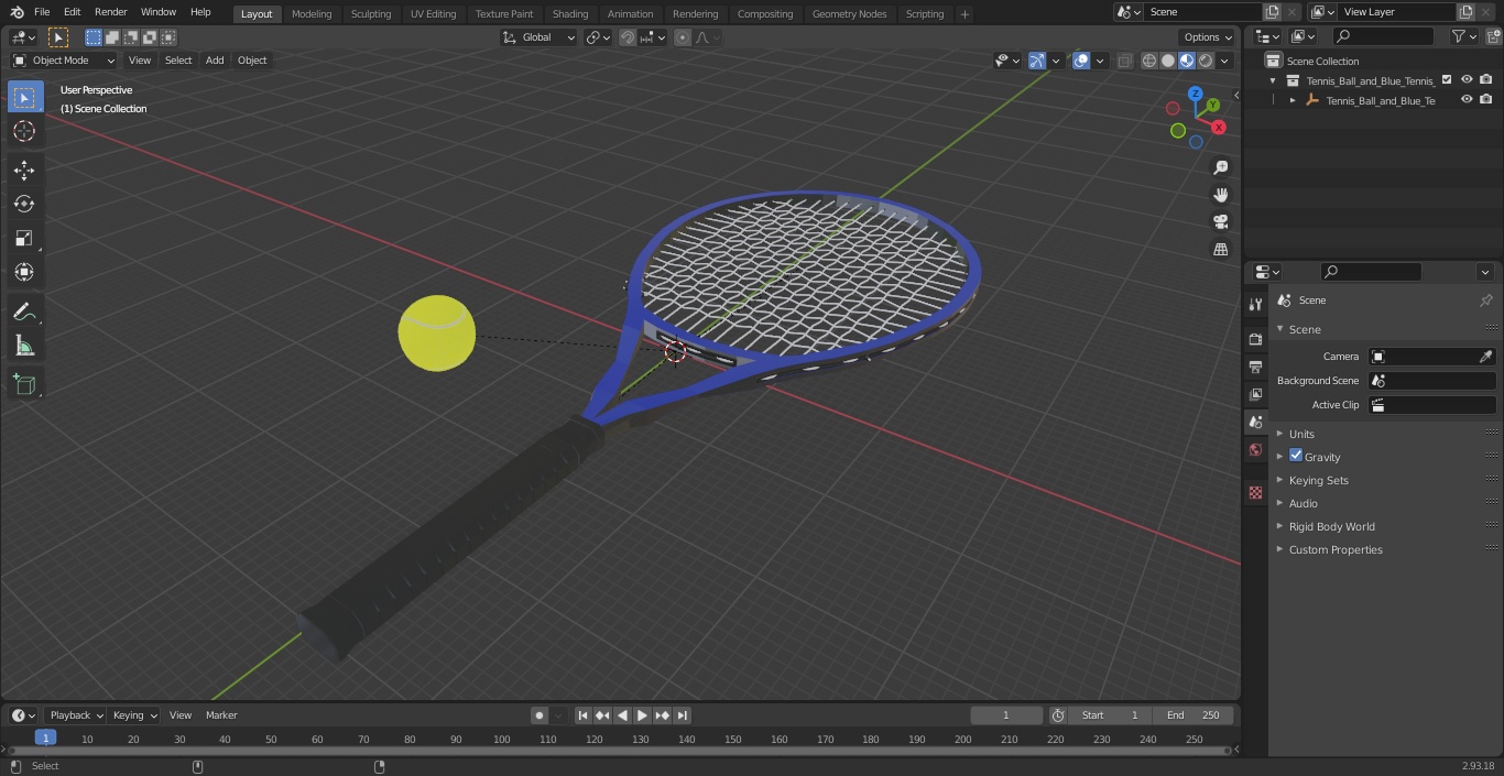 Tennis Ball and Blue Tennis Racket 3D model