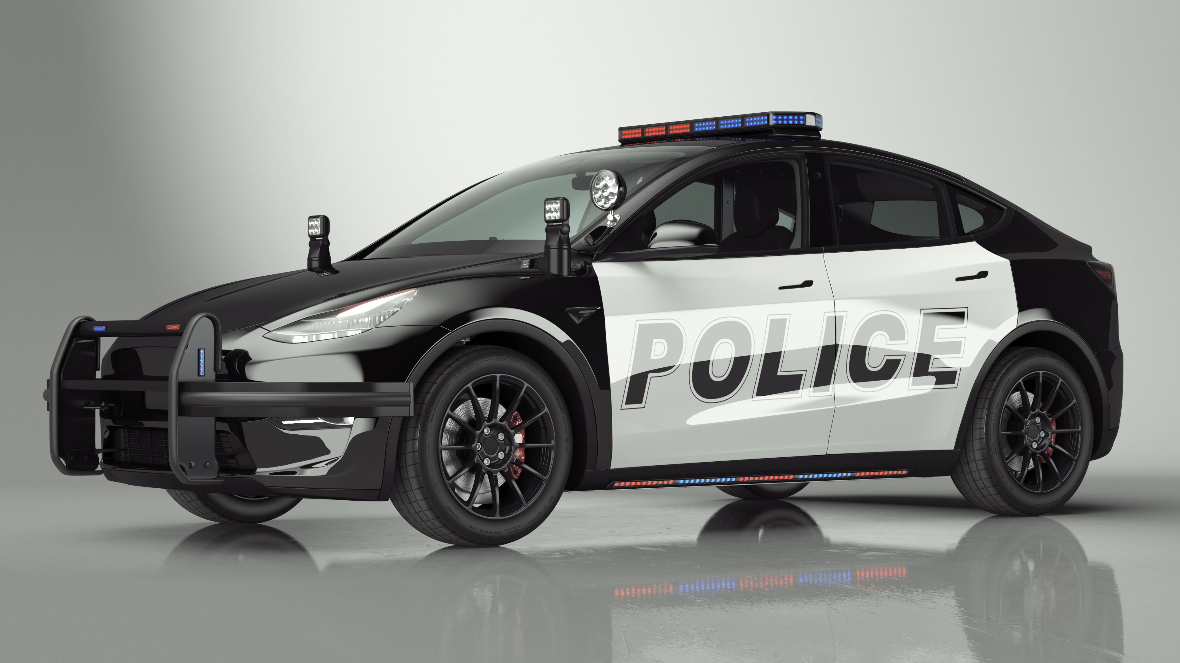 3D Tesla Model Y Police Lights On Simple Interior