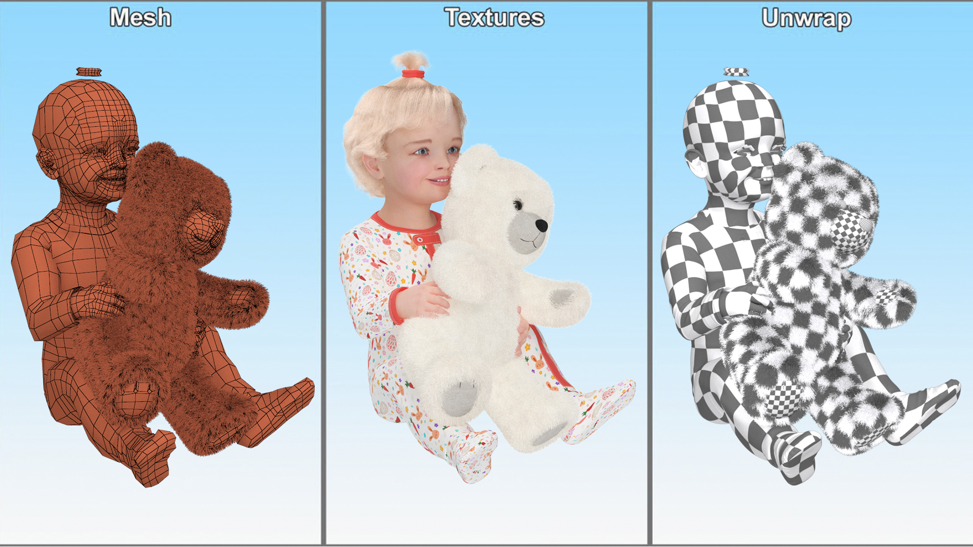 3D Little Girl with Teddy Bear Fur Rigged model