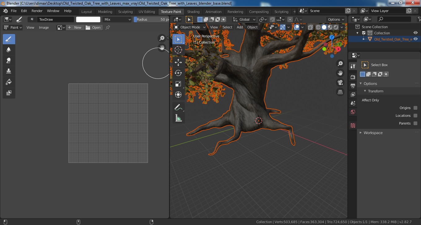 Old Twisted Oak Tree with Leaves 3D